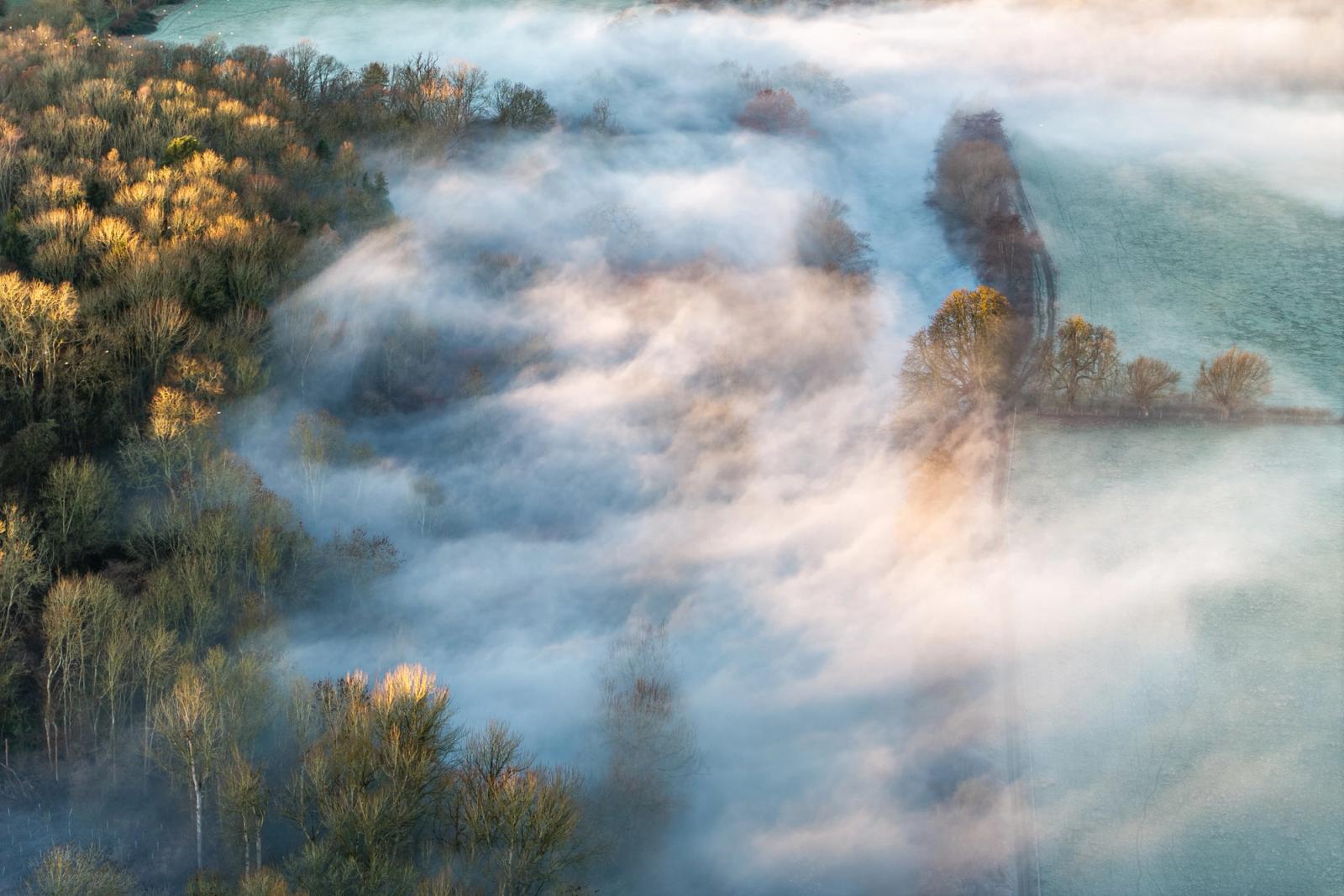 A temperature inversion rolls fog through a Thames floodplain valley near Abingdon, partially submerging riverside woodland in mid-winter light. Tree canopies break the fog surface, their bare branches catching warm low-angle illumination while the fields beyond remain clear. The aerial perspective compresses the layers into an almost painterly dissolution of land and cloud.