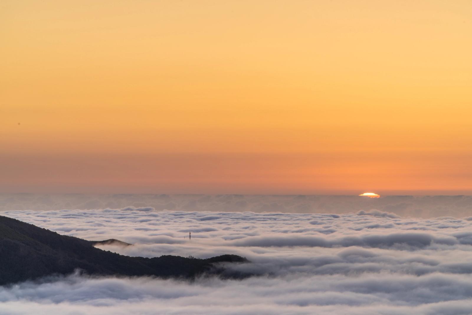 A temperature inversion buries the valleys beneath a level sea of cloud as the sun descends to the horizon, its disc just visible above the fog layer. Mountain ridges break through the white surface in the foreground, anchoring the scene. The unbroken amber sky above gives the image a clean, restrained luminosity.