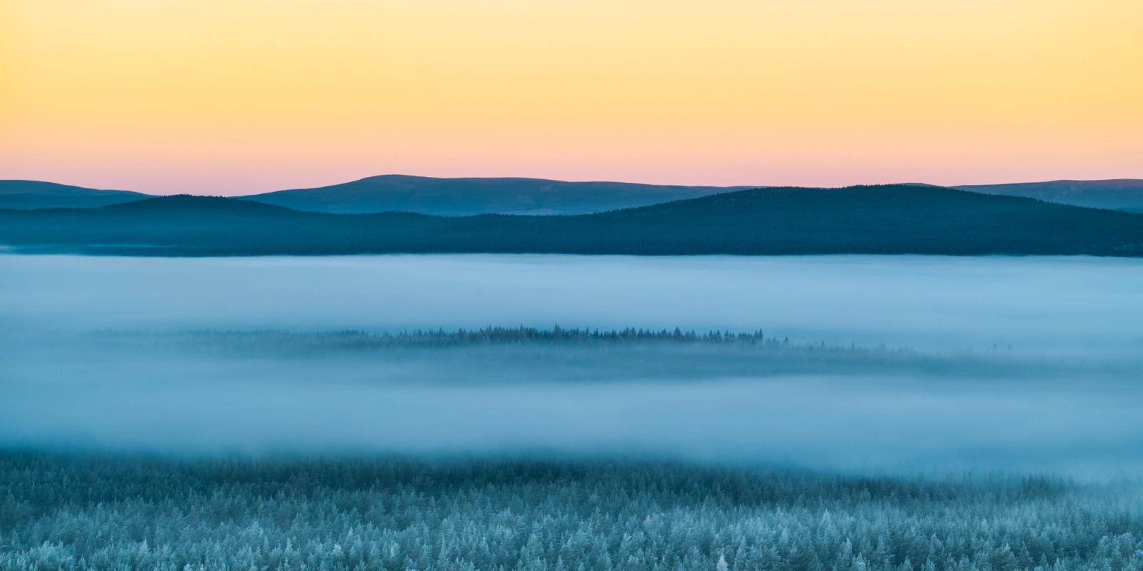 A temperature inversion fills the Spey valley at dawn on Christmas morning, submerging frost-laden boreal forest beneath a still sea of fog. A single ridge of conifers breaks the surface mid-frame, anchoring the composition between the blue cold below and the amber afterglow above the Cairngorm hills. Captured from altitude above Nethy Bridge, the layering of tone and depth is precise without artifice.