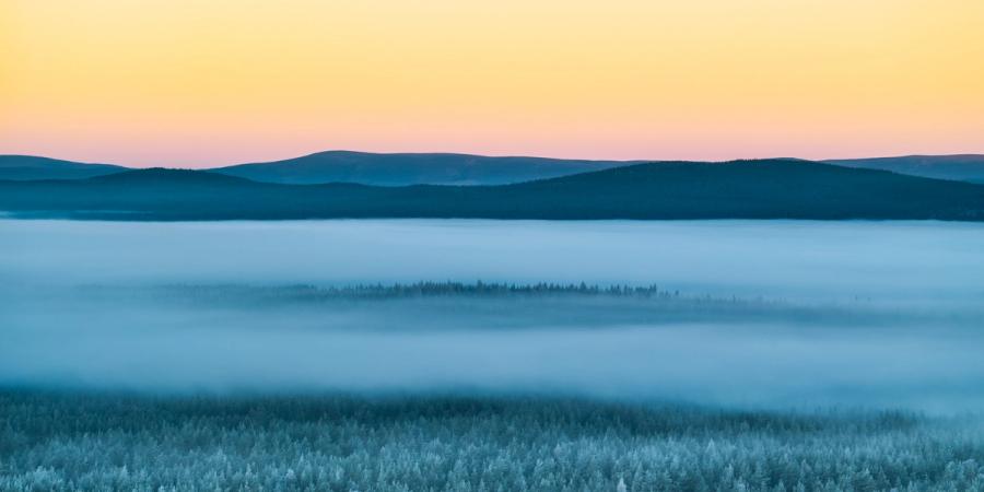 A temperature inversion fills the Spey valley at dawn on Christmas morning, submerging frost-laden boreal forest beneath a still sea of fog. A single ridge of conifers breaks the surface mid-frame, anchoring the composition between the blue cold below and the amber afterglow above the Cairngorm hills. Captured from altitude above Nethy Bridge, the layering of tone and depth is precise without artifice.