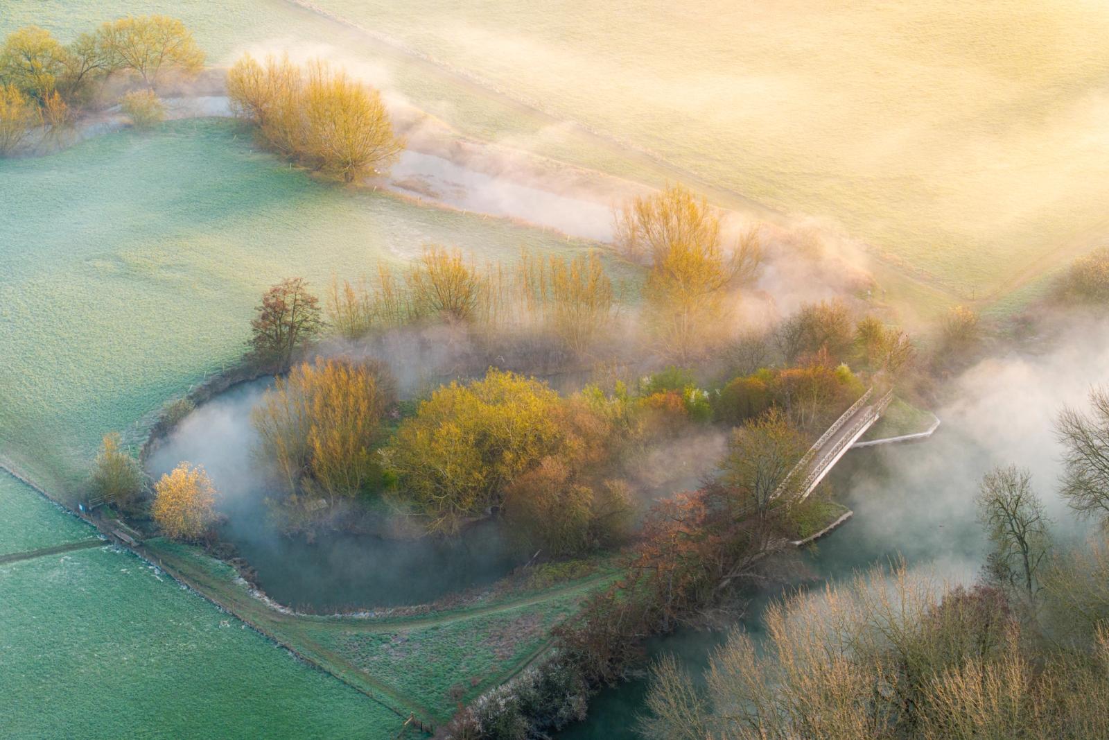 River mist lifts from a wooded meander near Abingdon-on-Thames on a frost-sharp spring morning, the still-bare willows catching low warmth while ground fog pools in the curve of the channel. A footbridge emerges briefly through the vapour on the eastern bank, anchoring the composition without disrupting its dreamlike quality. The aerial vantage reveals the geometry of frost-bleached pasture surrounding the island of trees.