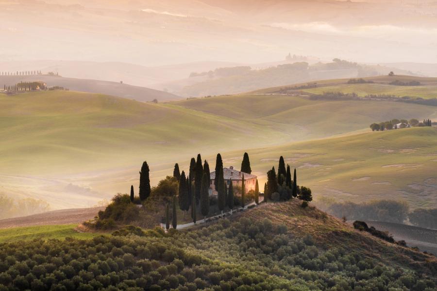 A stone farmhouse surrounded by Italian cypress trees sits on an isolated hilltop as dawn mist softens the rolling terrain into receding planes of pale green and ochre. Warm light catches the farmstead's facade while the wider valley remains submerged in haze, creating a strong tension between the anchored foreground and the dissolving middle distance. The layered topography and atmospheric depth suggest the Val d'Orcia region of Tuscany in early autumn.