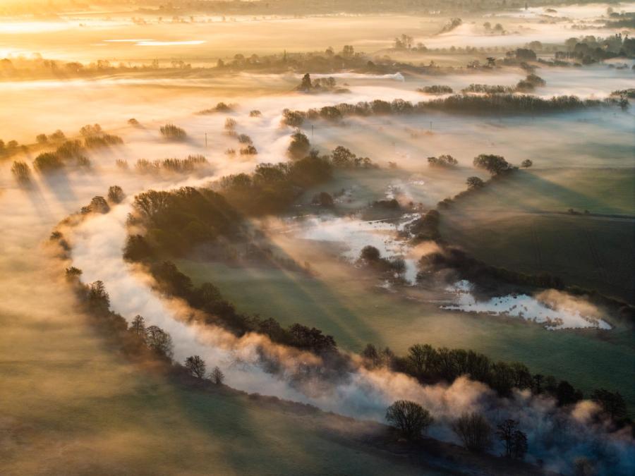 The River Thames is submerged beneath a temperature inversion at dawn, the mist pooling along the watercourse and tracing every curve of the floodplain. Bare riparian trees emerge as silhouettes through the vapour while crepuscular rays fan across the scene from low in the west. Flooded fields catch the light between the fog banks, giving the aerial view an almost topographic clarity.