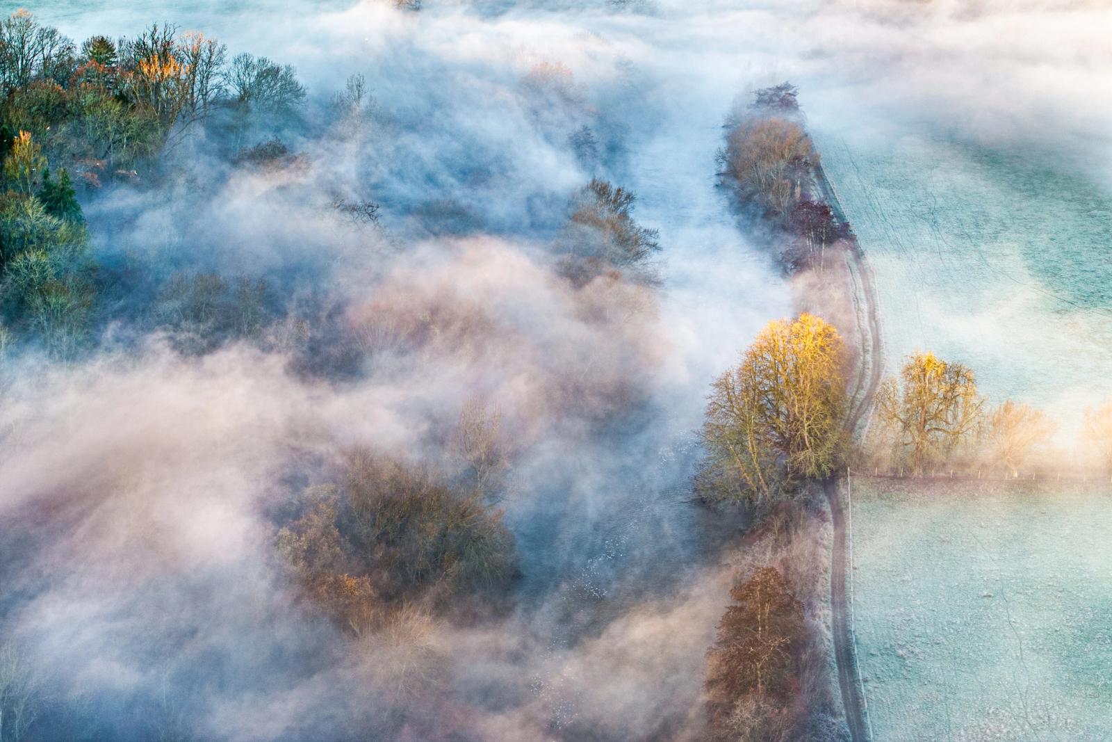 The River Thames emerges briefly from a low fog inversion blanketing the river near Wallingford, Oxfordshire. Bare trees catch the first winter light above the mist, their canopies isolated like islands in a slow-moving sea of cloud. The aerial vantage transforms a familiar agricultural landscape into something close to abstraction.