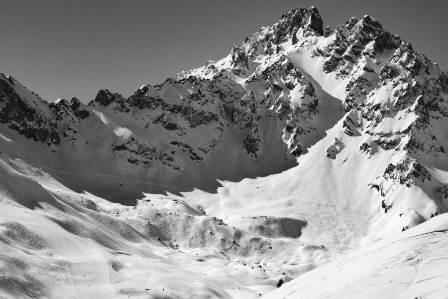 Deep shadows show the ridge line of this mountain peak in Chamonix, France. Black and White