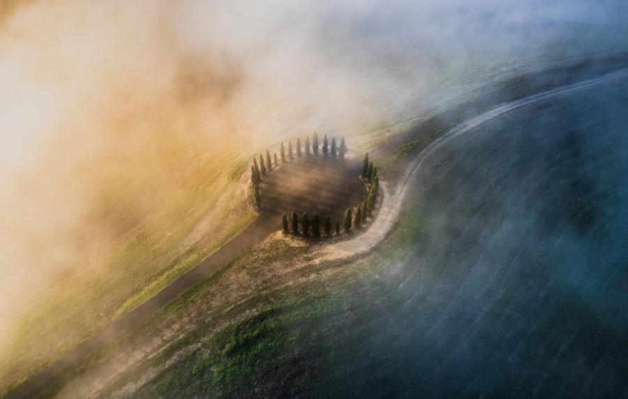 A ring of Italian cypress trees emerges from breaking fog above the Val d'Orcia, Tuscany, at dawn. The collision of warm amber light from the west and cool shadow to the east bisects the frame, reducing the encircling driveway and ploughed fields to graphic form. Captured from altitude as the inversion layer momentarily parted, the composition transforms a familiar agricultural landmark into something close to pure abstraction.