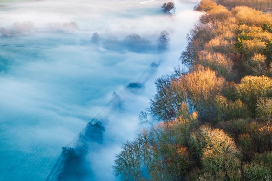Low winter fog pools across frost-hardened floodplain fields beside the Thames near Abingdon, held in place by a sharp temperature inversion. Riparian trees on the wooded margin catch the first warm raking light from the south-east, their amber canopies standing clear above the mist while isolated hedgerow trees trail long shadow-wakes across the blue-white fog surface below. The diagonal edge between lit woodland and submerged plain carries the composition with controlled tension.
