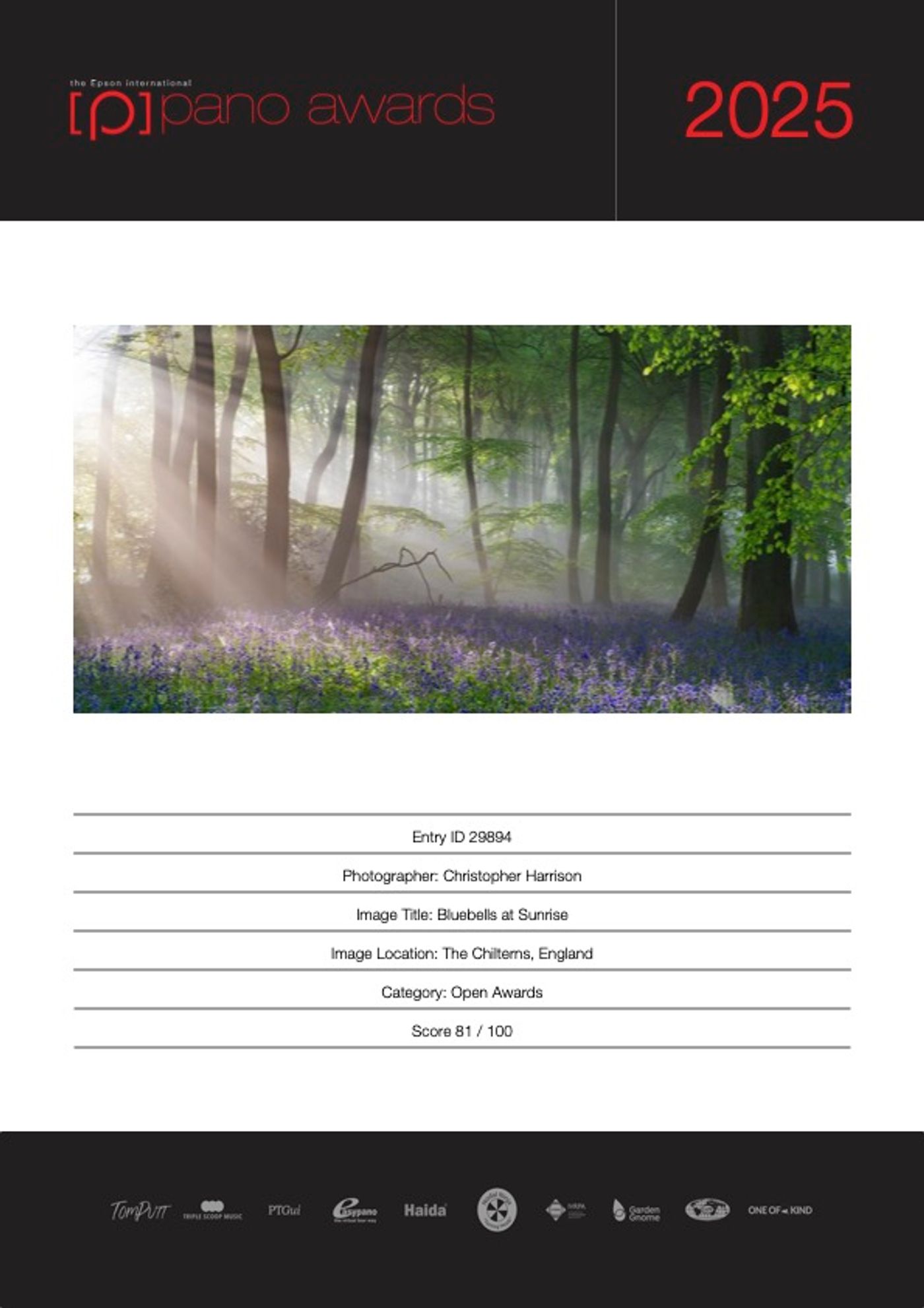 This is the certificate that shows my Panoramic photograph of Bluebells at Sunrise, scoring a Silver in the 2025 awards.