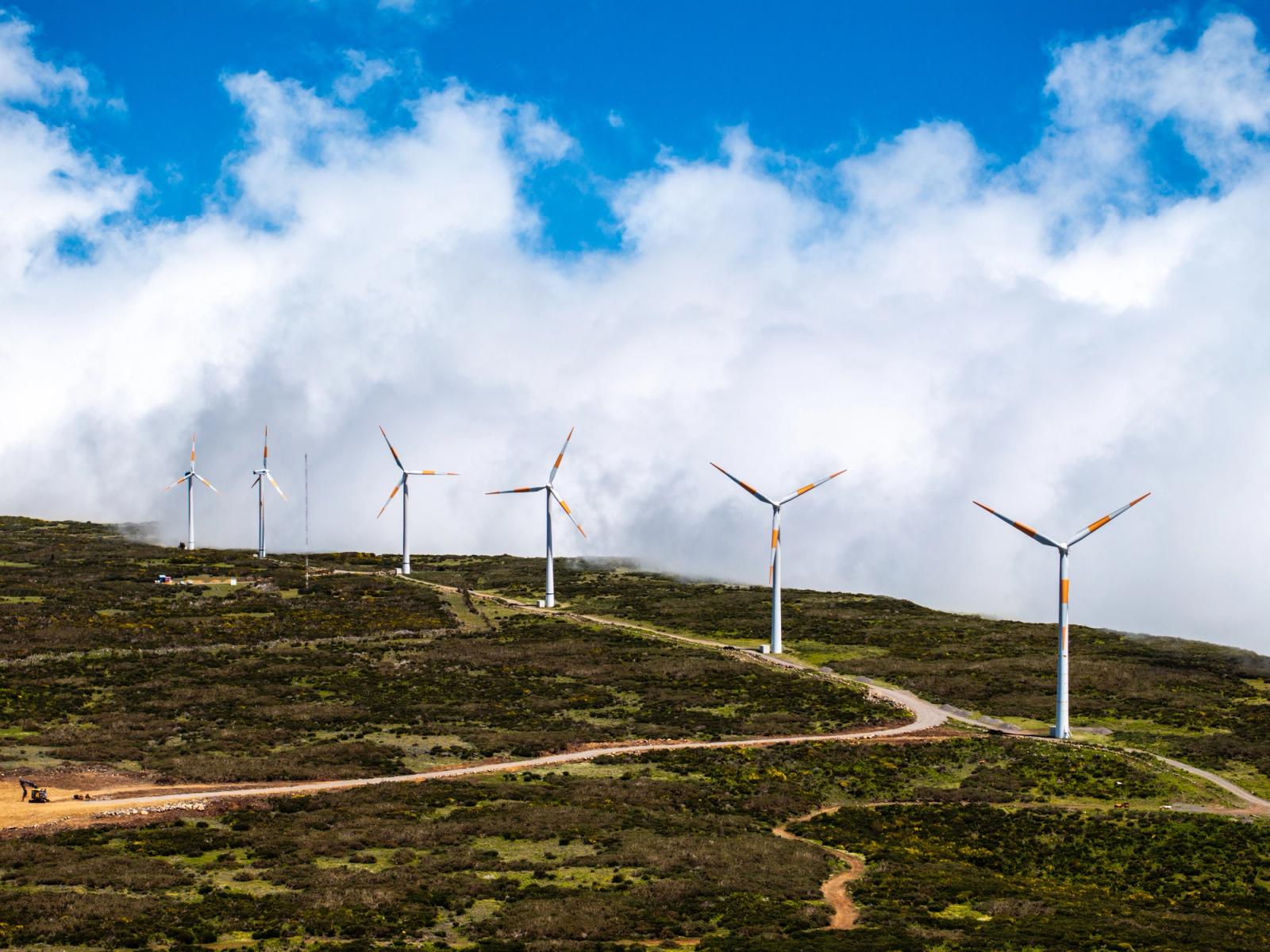 A row of wind turbines traces the ridgeline above Arco da Calheta, Madeira, their orange-tipped blades catching flat spring light against a broken cloud mass that partially obscures the upper slope. The winding service track lends structure to the foreground scrubland, though the composition lacks a singular point of tension to lift it beyond the documentary.