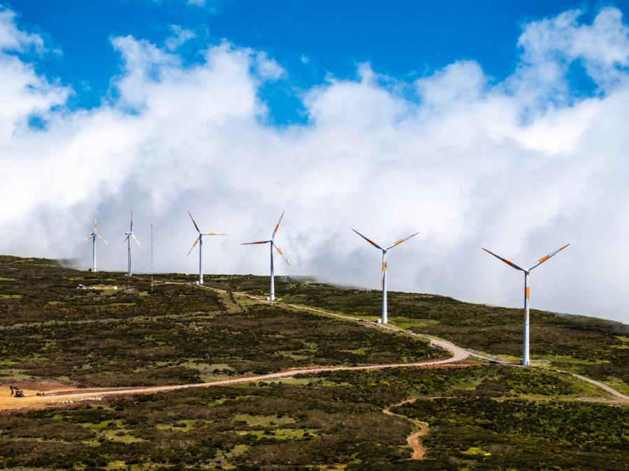 A row of wind turbines traces the ridgeline above Arco da Calheta, Madeira, their orange-tipped blades catching flat spring light against a broken cloud mass that partially obscures the upper slope. The winding service track lends structure to the foreground scrubland, though the composition lacks a singular point of tension to lift it beyond the documentary.