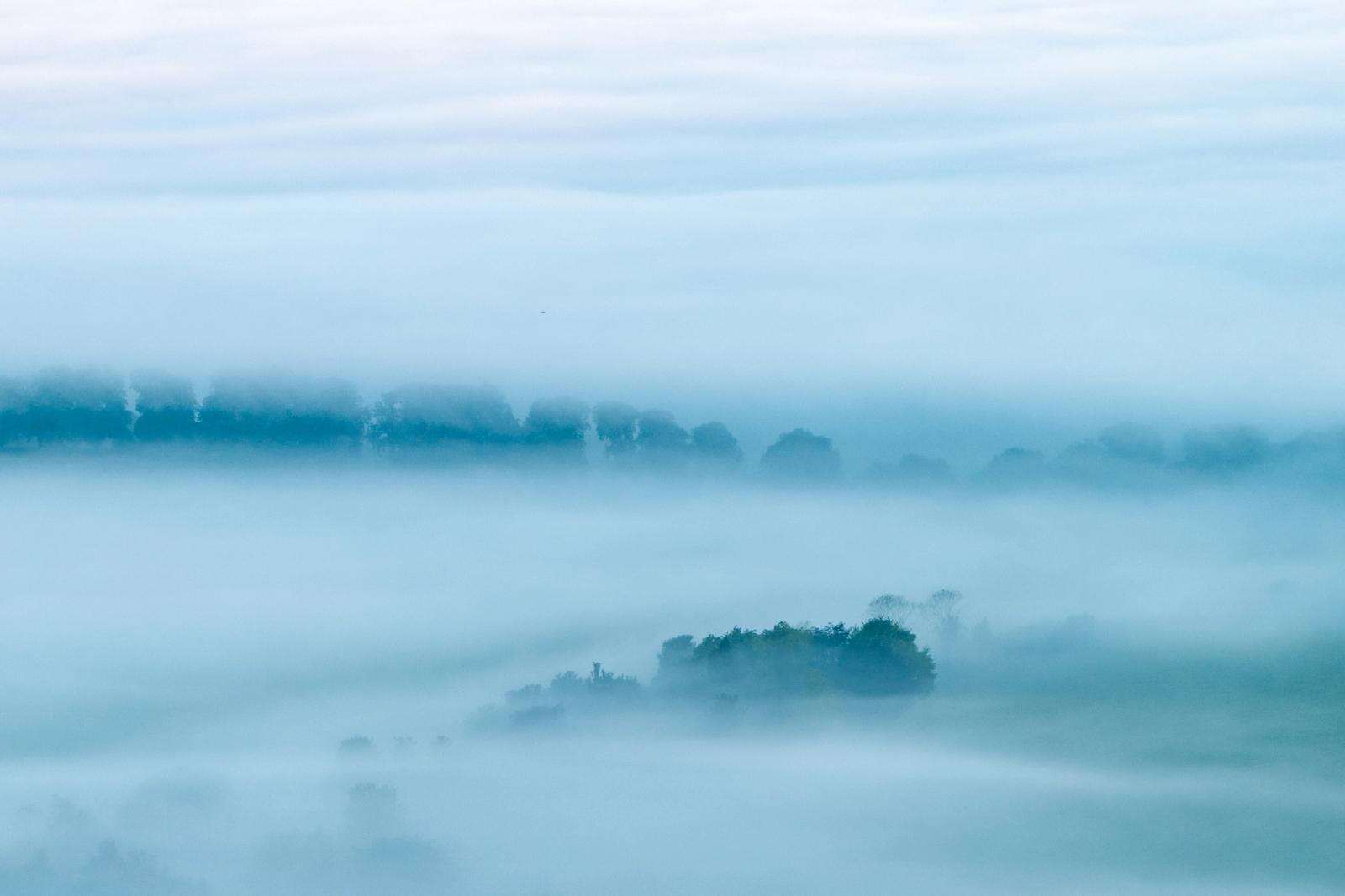 A temperature inversion settles over the Thames Valley near Henley, reducing the lowland to layered planes of pale blue fog. Isolated tree canopies emerge as dark islands, the furthest treeline fading almost entirely into the overcast sky. The graduated recession of tones gives the scene an almost monochromatic, painterly quietness.