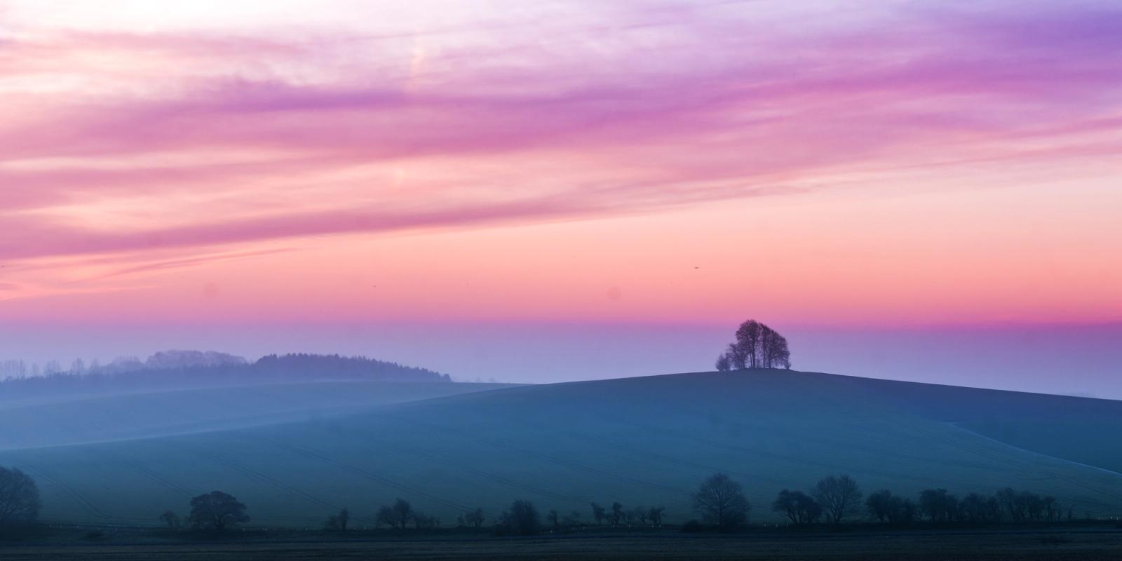 A small copse crowns Brightwell Barrow, a chalk hill near the Wittenham Clumps in Oxfordshire, as pre-dawn afterglow bleeds from orange through violet above mist-pooled valleys. Layered fog fills the middle distance, reducing receding ridges to soft tonal bands and isolating the trees as a single dark focal point against the luminous horizon. The panoramic frame amplifies the stillness of the moment between night and morning.