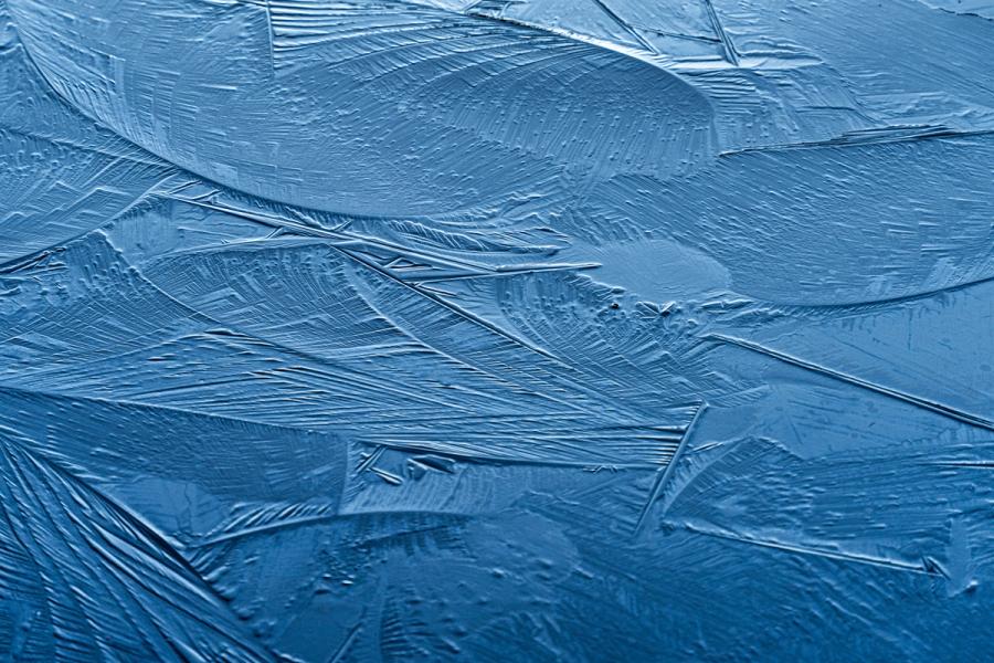 Overlapping sheets of ice crystal formations cover a flat surface, their radiating needle-like dendrites and smooth swept lobes rendered in uniform steel blue. The monochromatic palette and raking light reveal fine surface topography across the frozen plane. Captured at close range, the image reads as pure texture and pattern.