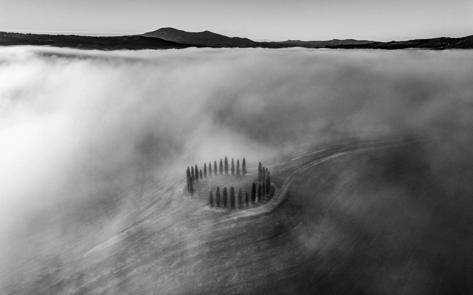 A ring of cypress trees emerges from a valley fog inversion above San Quirico d'Orcia, the circular grove reduced to a near-abstract island adrift in white. A winding track curves around its base before disappearing into the mist, while the Tuscan hills hold the fog's upper boundary in the far distance. The monochrome conversion strips the scene to form, tone, and stillness.
