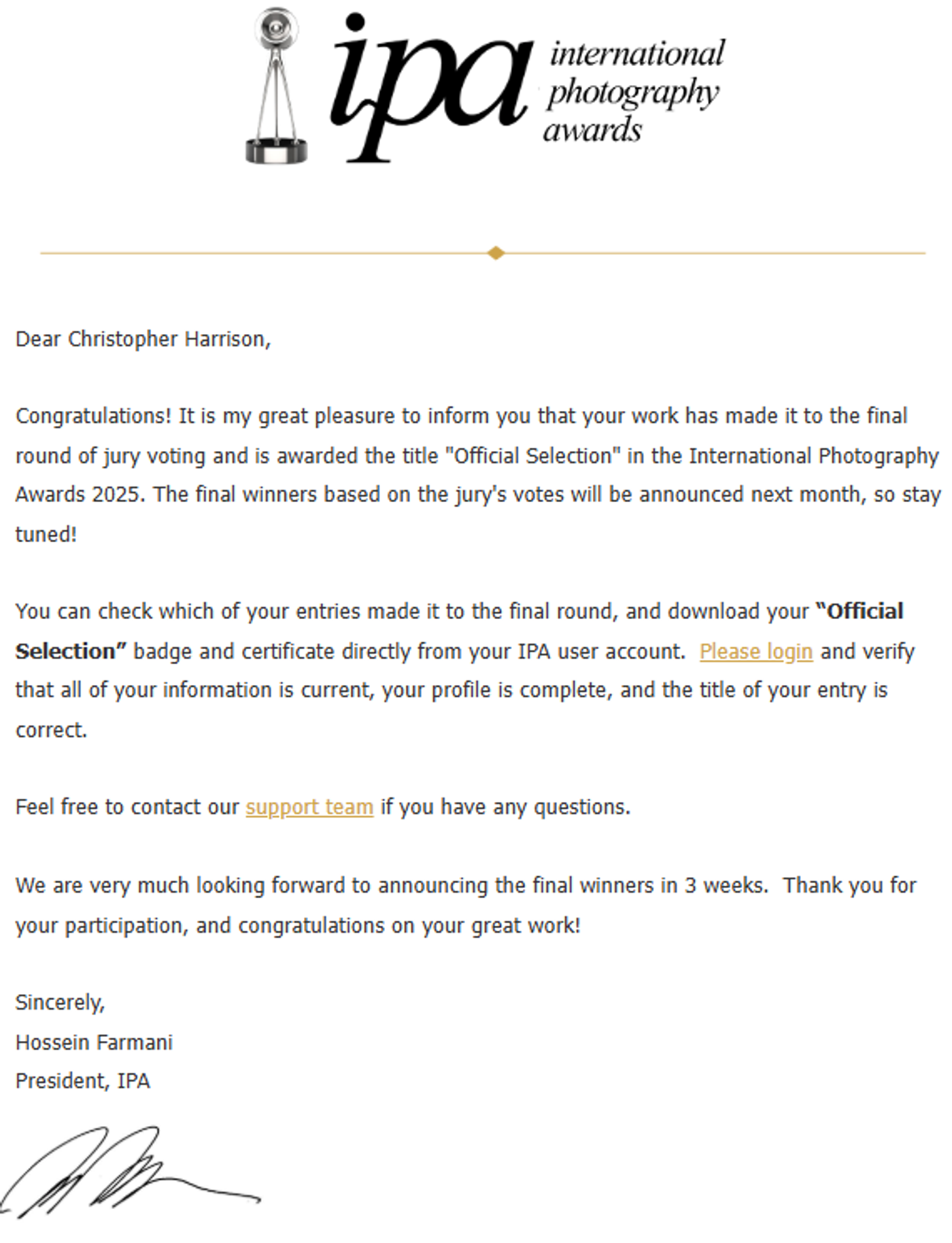 The email from the International Photography Awards stating I had two official selections.
