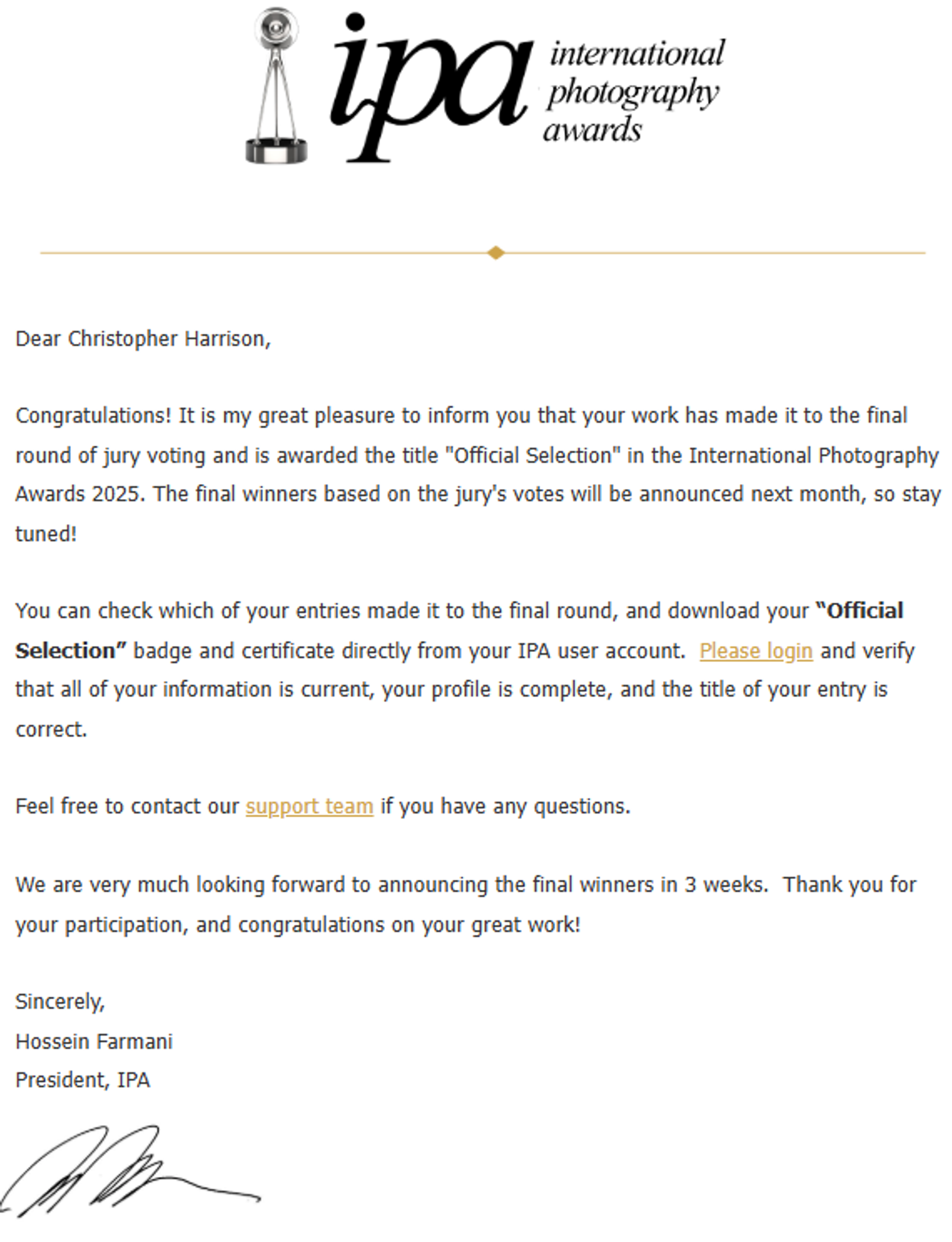 The email from the International Photography Awards stating I had two official selections.