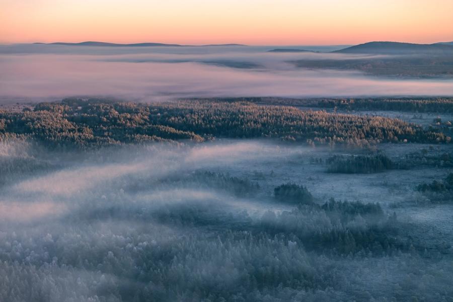 A temperature inversion fills the Strathspey valley with layered fog at first light, leaving frost-rimed boreal forest emerging through the mist like islands. The Cairngorm plateau silhouettes break the horizon beneath a pale salmon afterglow. Captured from elevation above Nethy Bridge on a still Christmas morning.