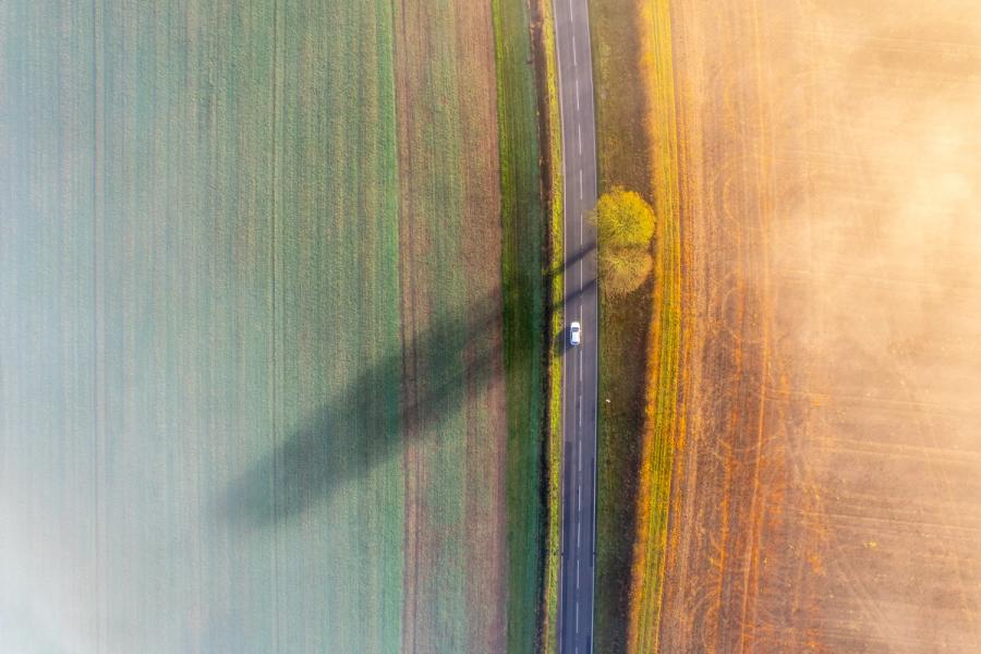 A low winter sun casts the elongated shadow of a roadside tree across ploughed and sown fields near Henley-on-Thames, the geometry bisected by a two-lane road and a single passing car. Shot from directly above at first light, the image sets a cooler, shadowed agricultural plain against warm haze dissolving the eastern field into near-abstraction. The solitary tree anchors the composition, its crown and shadow forming a single diagonal axis across the frame.