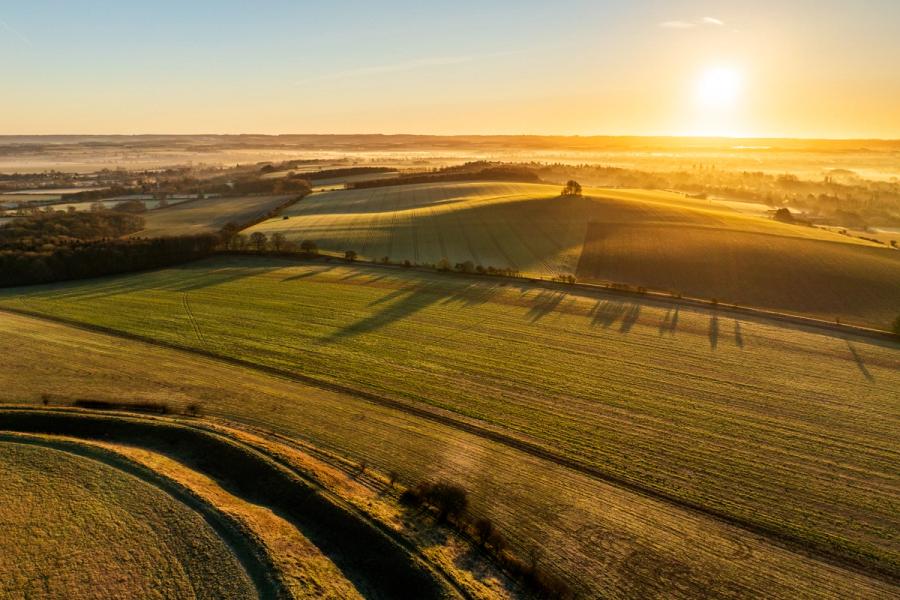 Winter dawn breaks over the frost-edged arable fields of Brightwell Barrow, the low sun casting long tree shadows across cropped winter wheat on this ridge near the Wittenham Clumps in Oxfordshire. A band of valley mist lies in the low ground beyond, compressing the distance into soft horizontal layers. The oblique aerial angle resolves the field boundaries and trackways into quietly geometric forms.