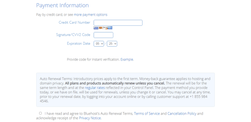 Bluehost Payment Information