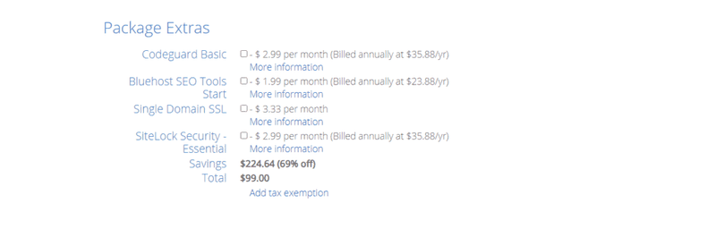 Bluehost Package Extras