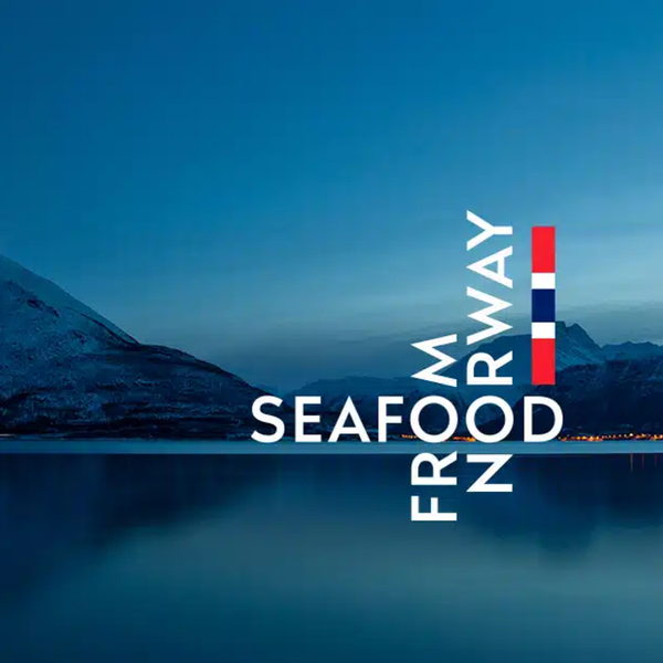 Norsk sjømatråd logo med fjell og hav i bakgrunnen
