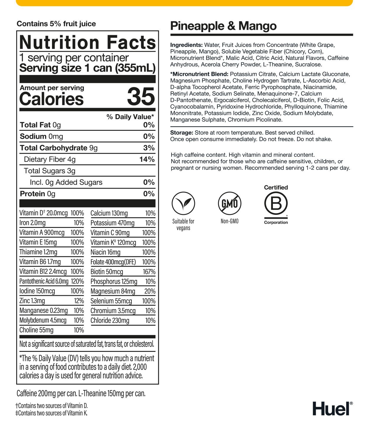 Nutritional label for Pineapple & Mango Energy+ flavor