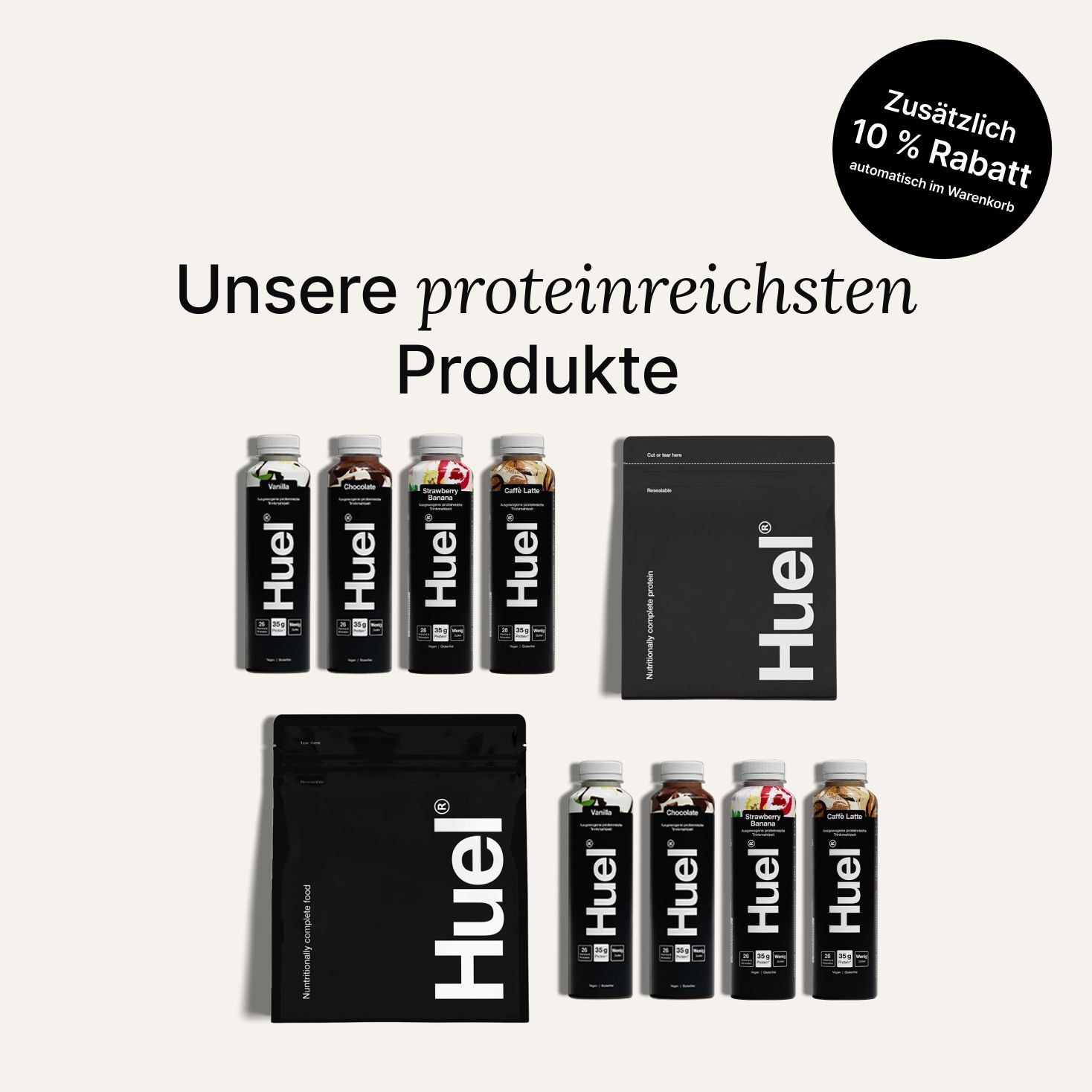 Eine Auswahl an Huel-Produkten 