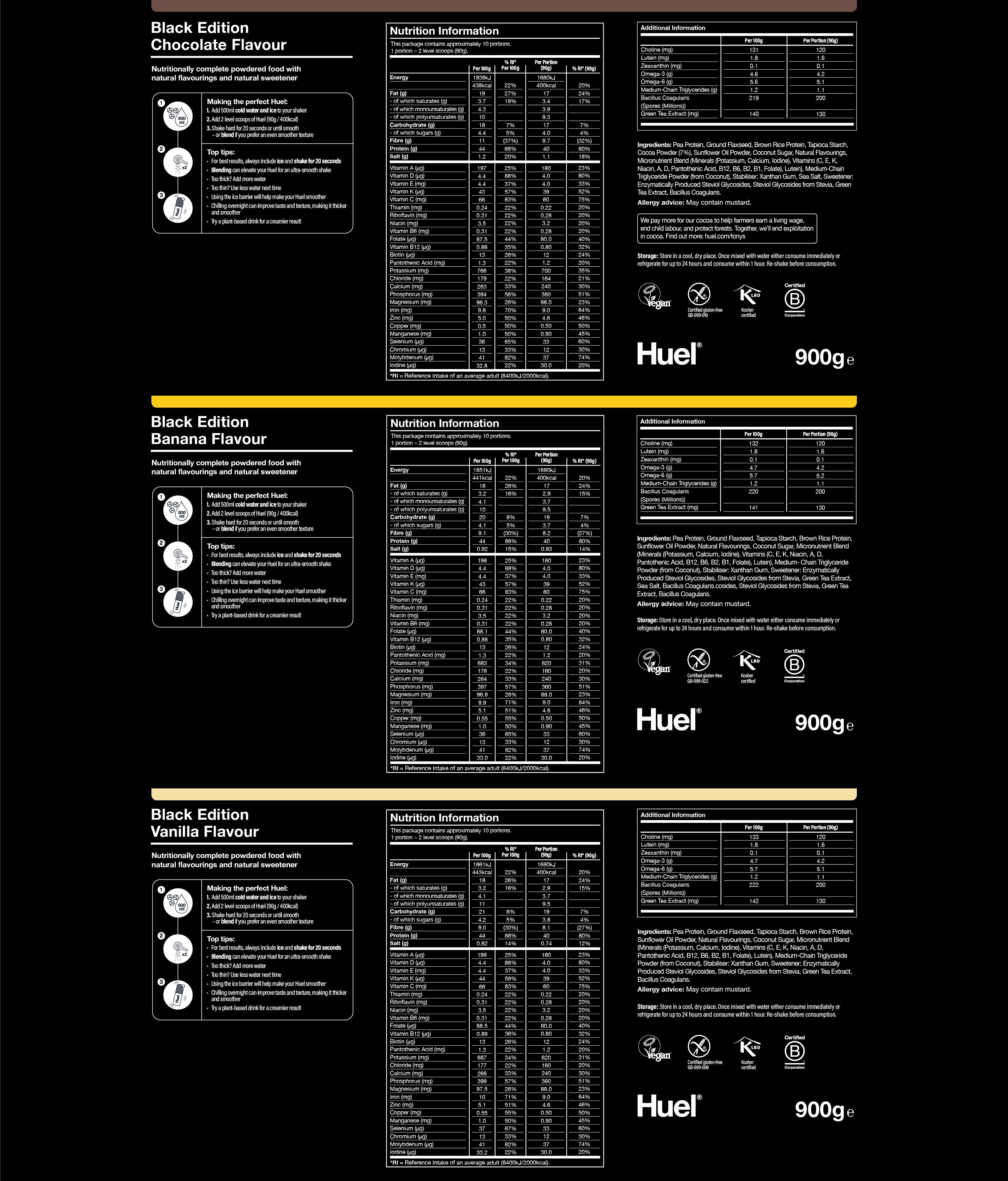 A composite image of the nutritional information for three Huel Black Edition flavours