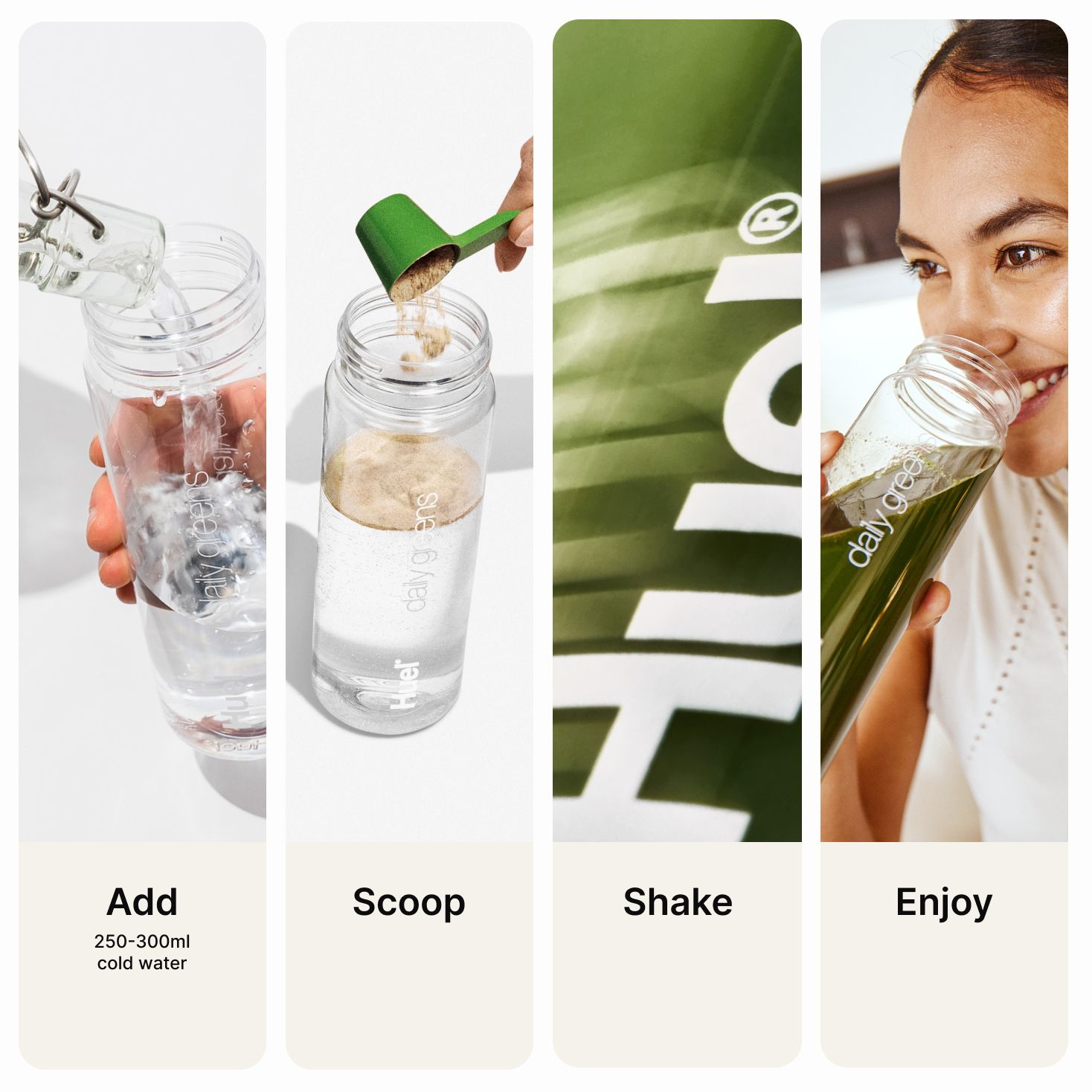 a visual, step-by-step guide for how to prepare the Greens - Add, Scoop, Shake, Enjoy! 