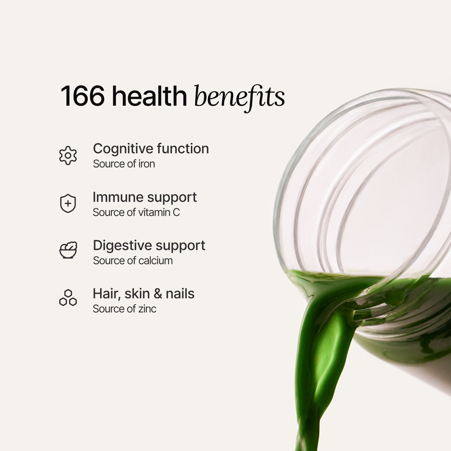 Health benefits like cognitive function, immune support, digestive support, and hair/skin/nails