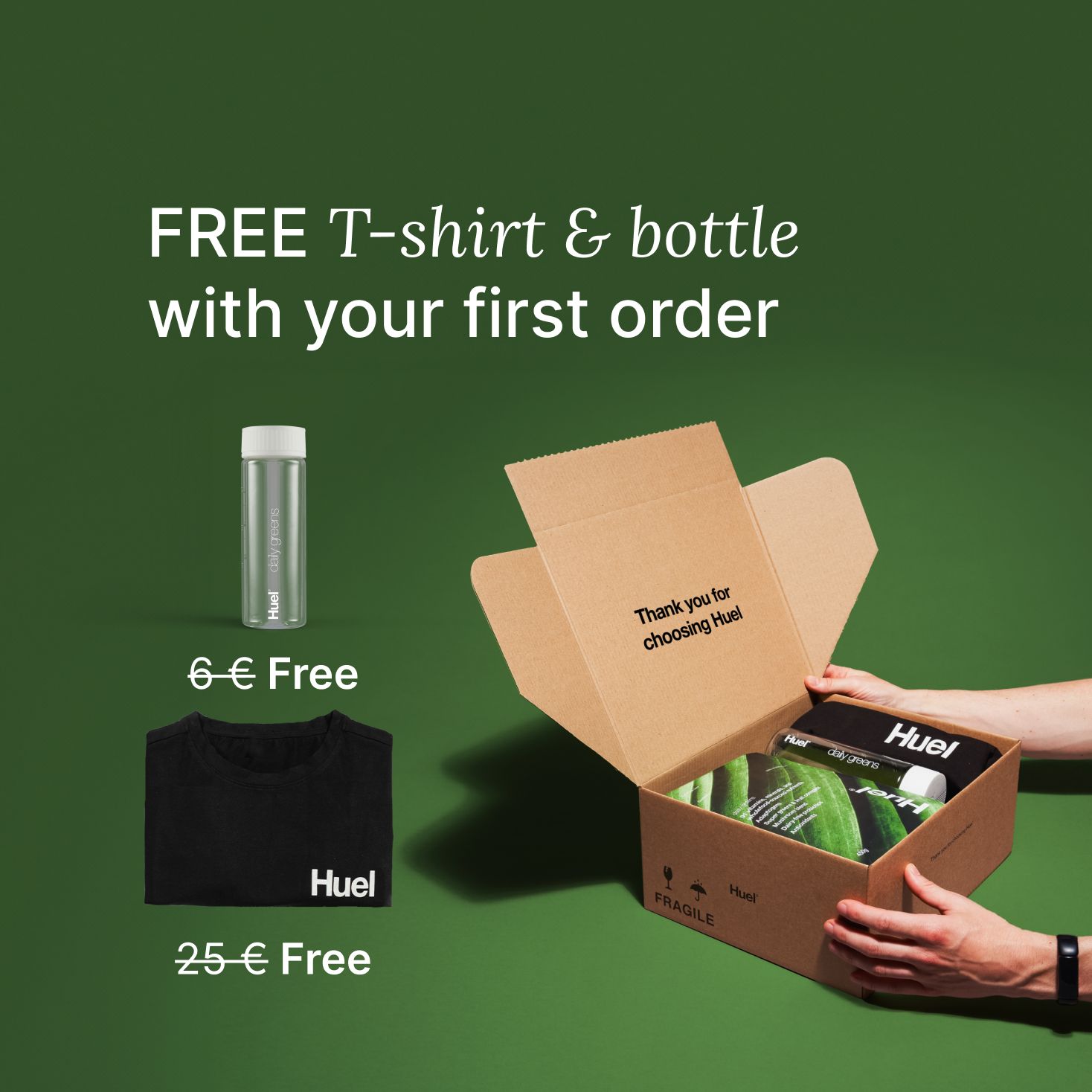 Unboxing a Huel order containing Daily Greens powder, a black Huel t-shirt, and a clear bottle, set against a green background.