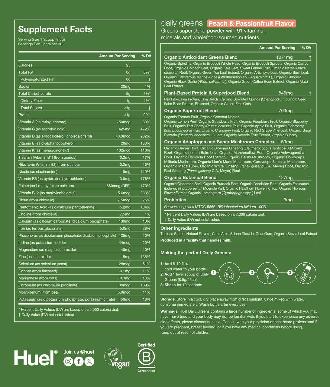 Nutritional label for Daily Greens Peach & Passionfruit