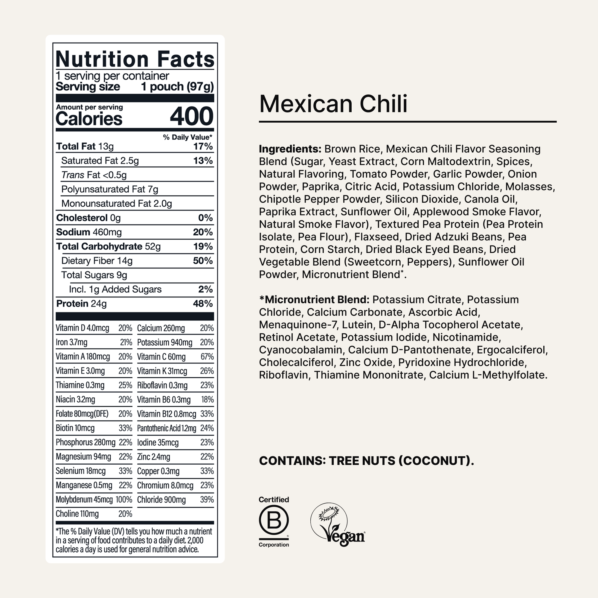 Back of a Huel Hot & Savoury meal pack with nutritional information