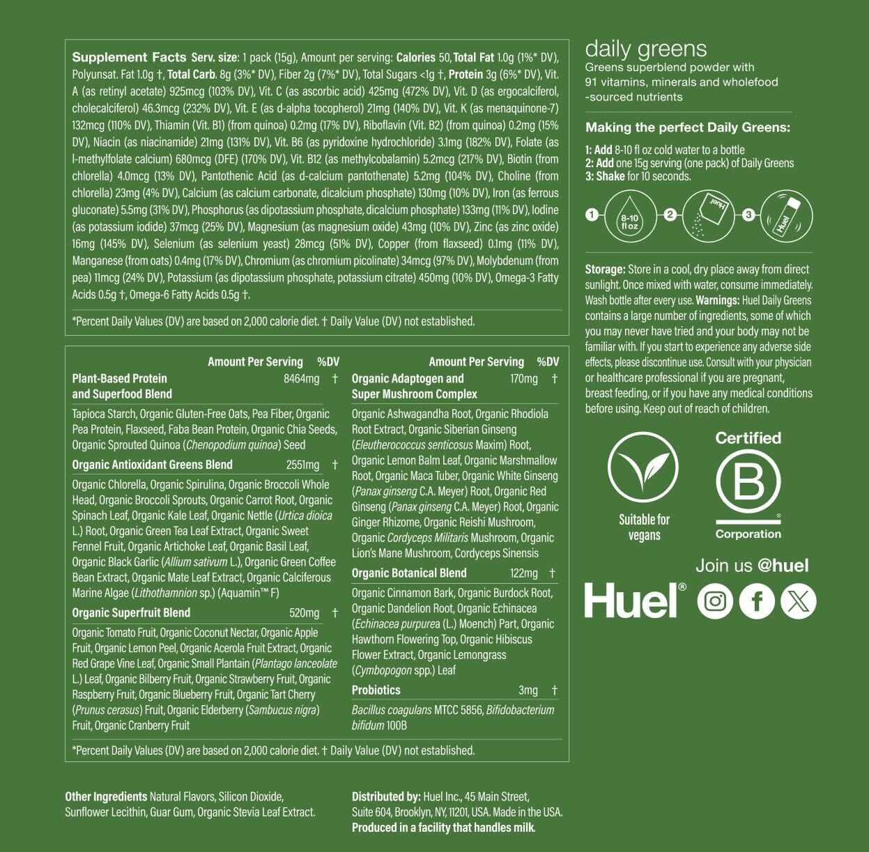 Nutritional label for Daily Greens Travel Pack- 15g