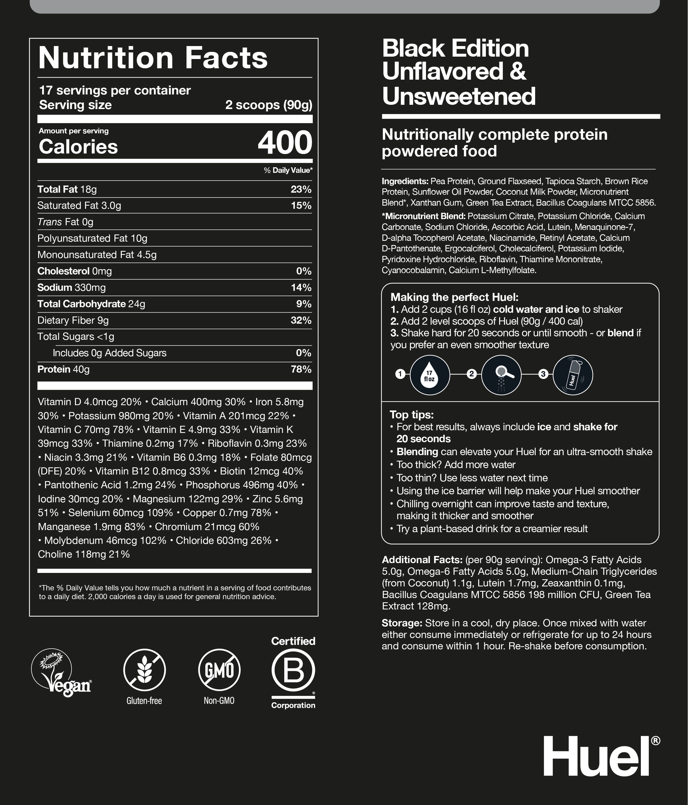 Black Edition Unflavored Nutritional label