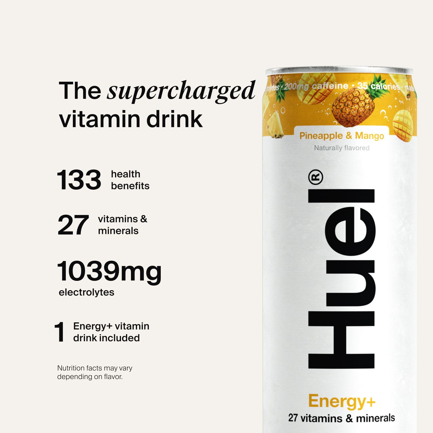 Energy+ call outs- 133 health benefits, 27 vitamins & minerals, 1039mg electrolytes - 1 Energy+ can included