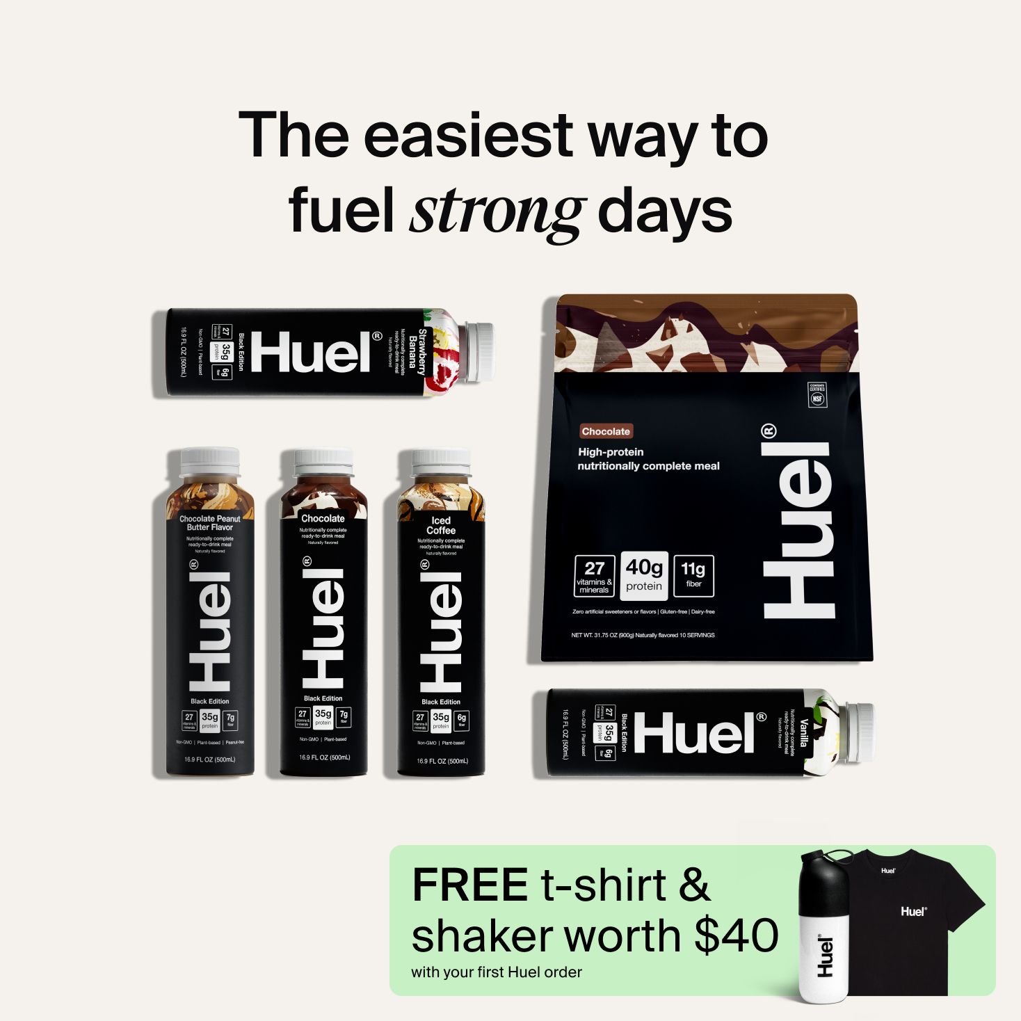 A group of Huel products including Black Edition powder and bottles of Black Edition Ready-to-drink