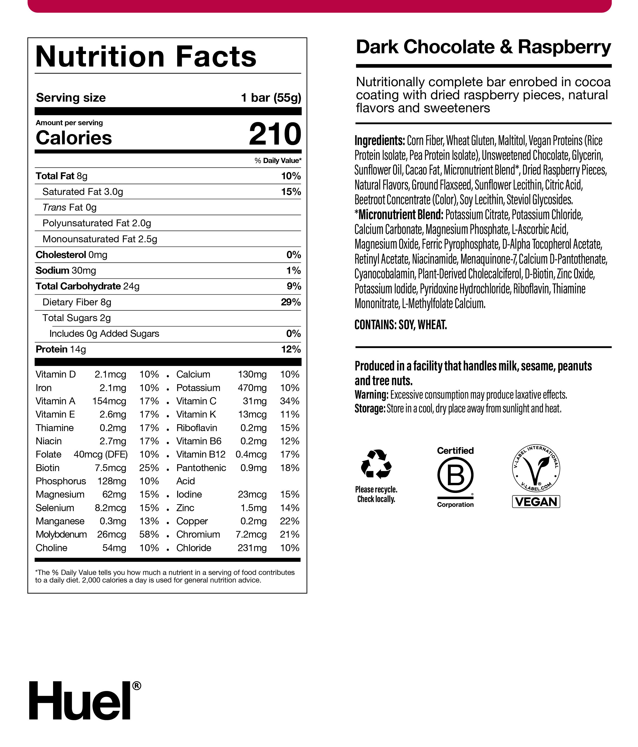 Nutritional label for Complete Nutrition Bar Dark Choc Raspberry 