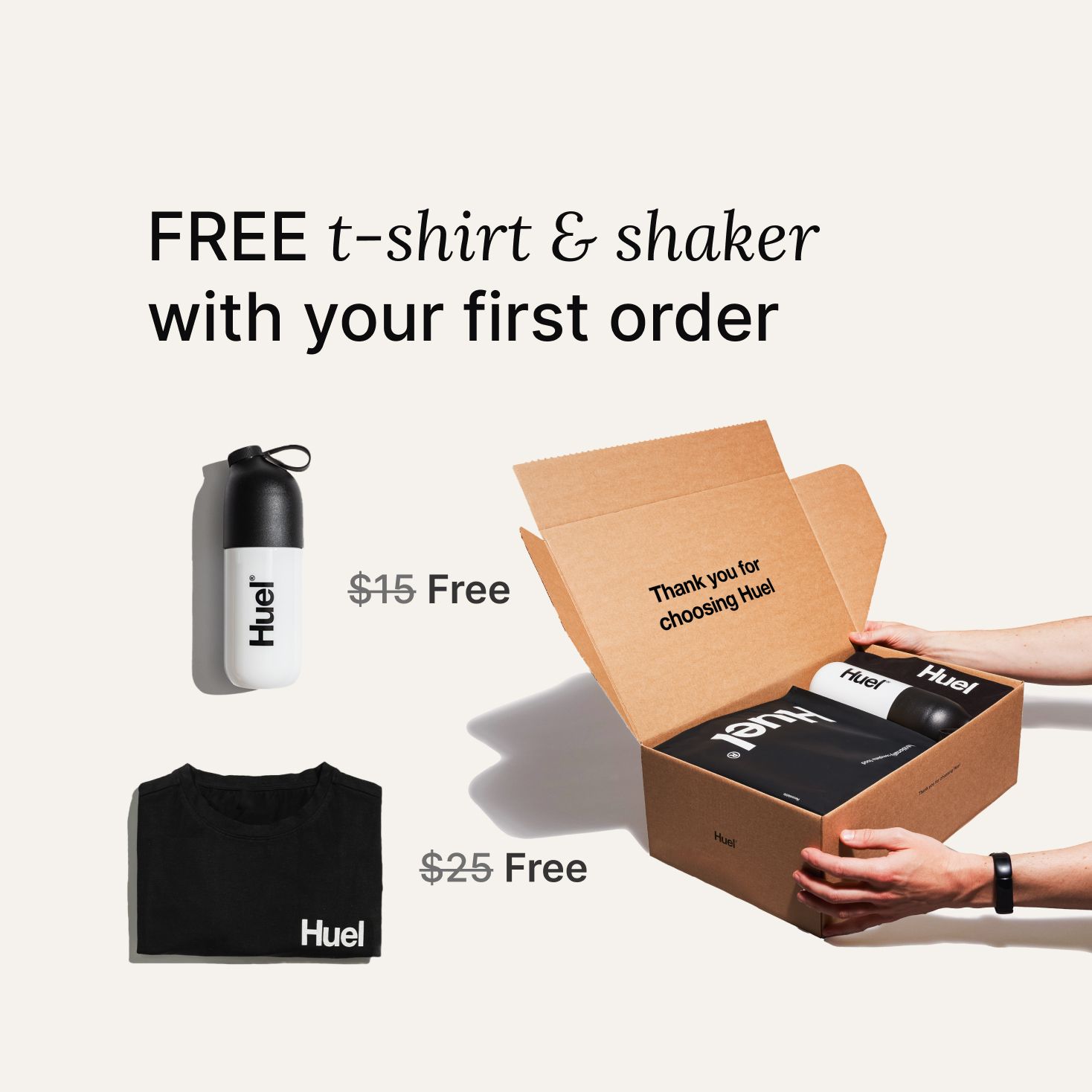 Image of a Huel unboxing, shaker and black t-shirt