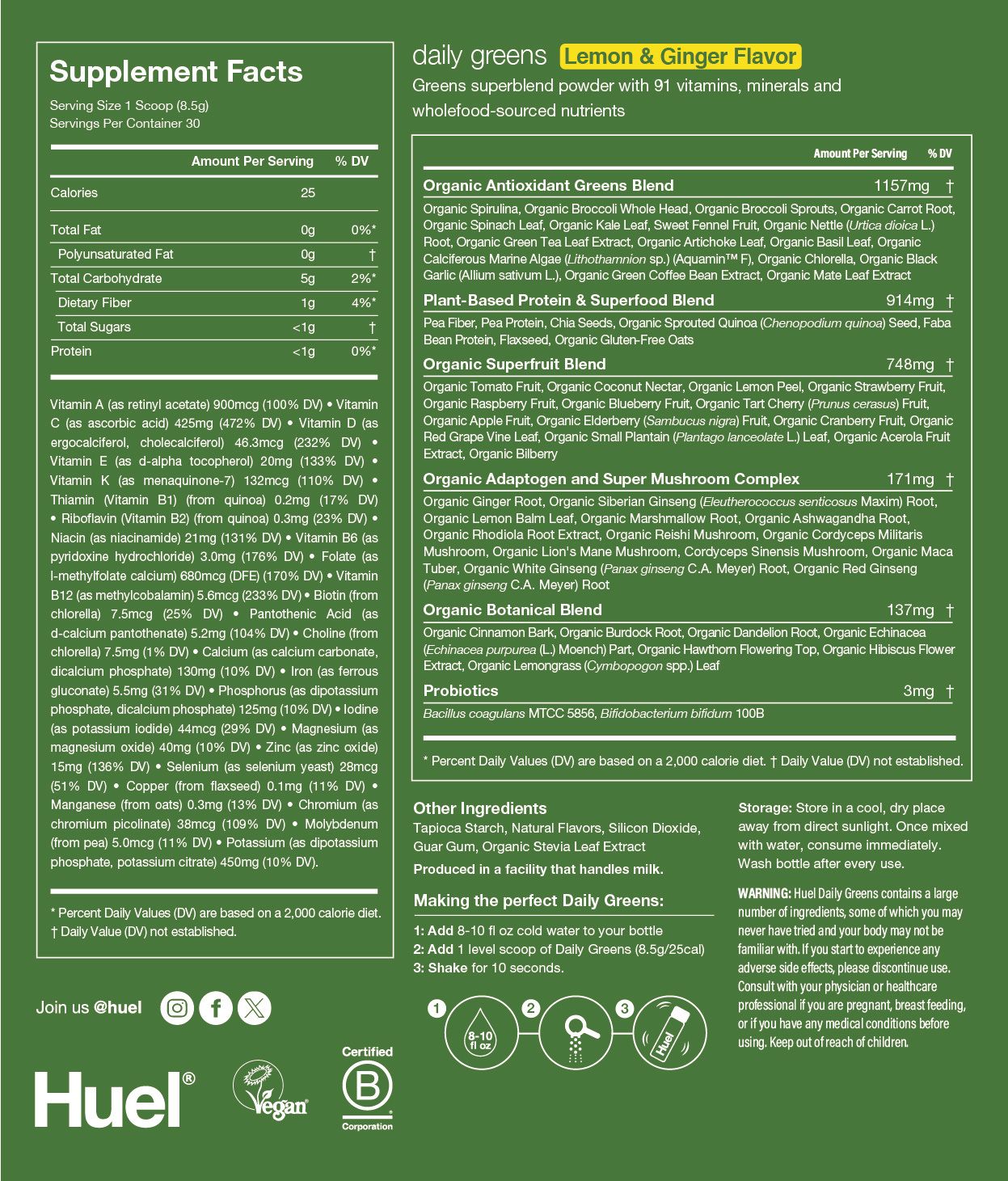 Nutritional label for Daily Greens Lemon & Ginger