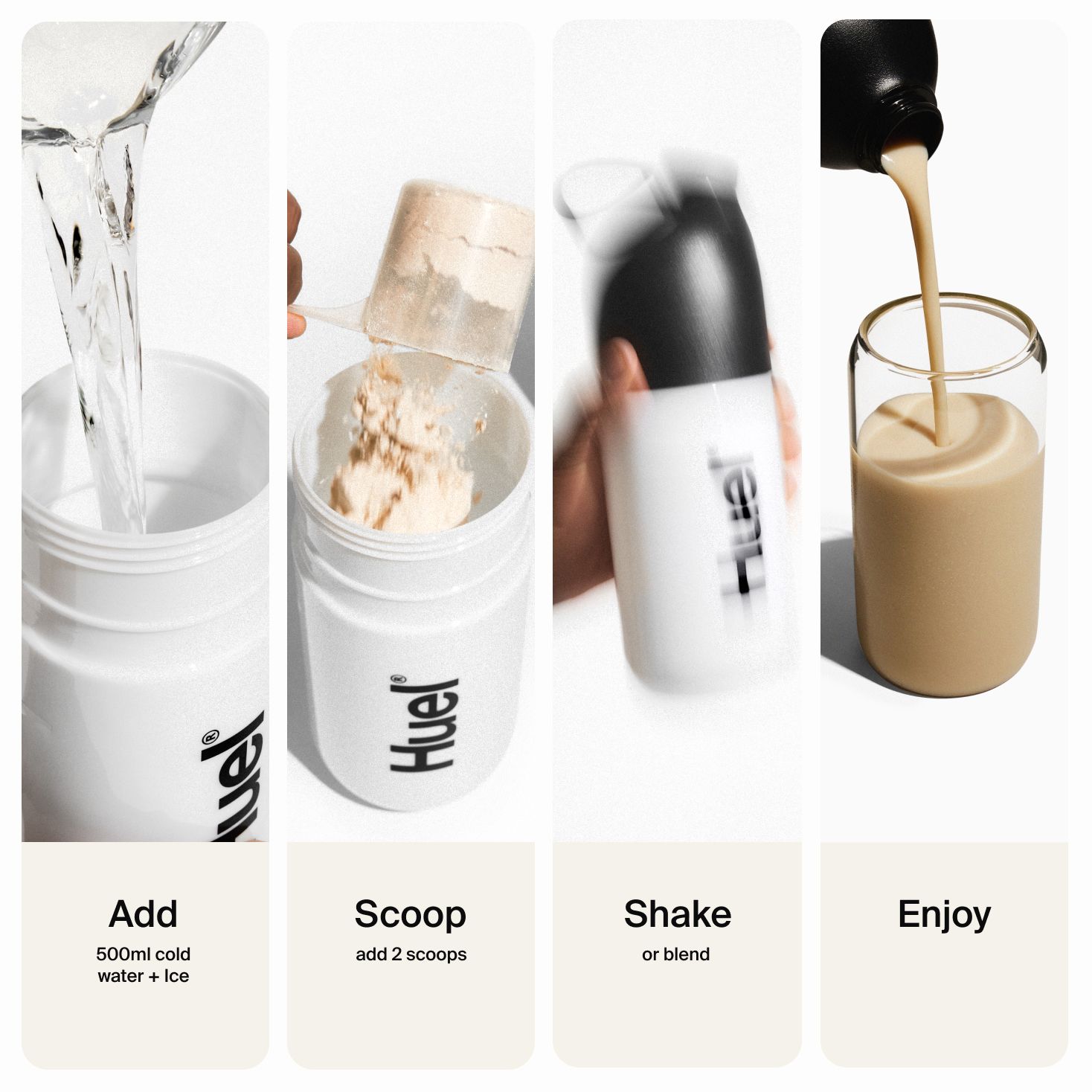 visual instructions for how to prepare a Huel meal shake
