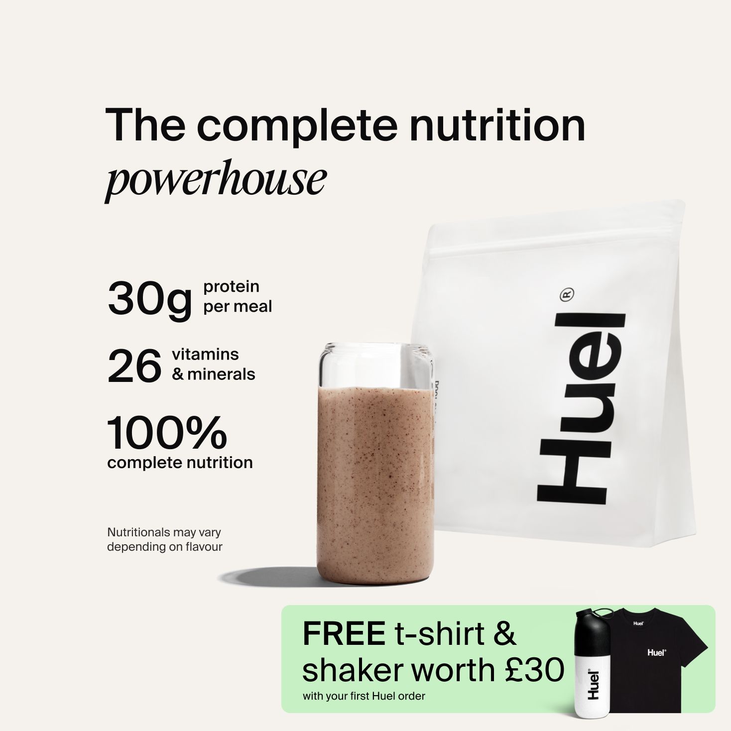 A bag of Huel powder next to a glass containing a Huel drink on a neutral background