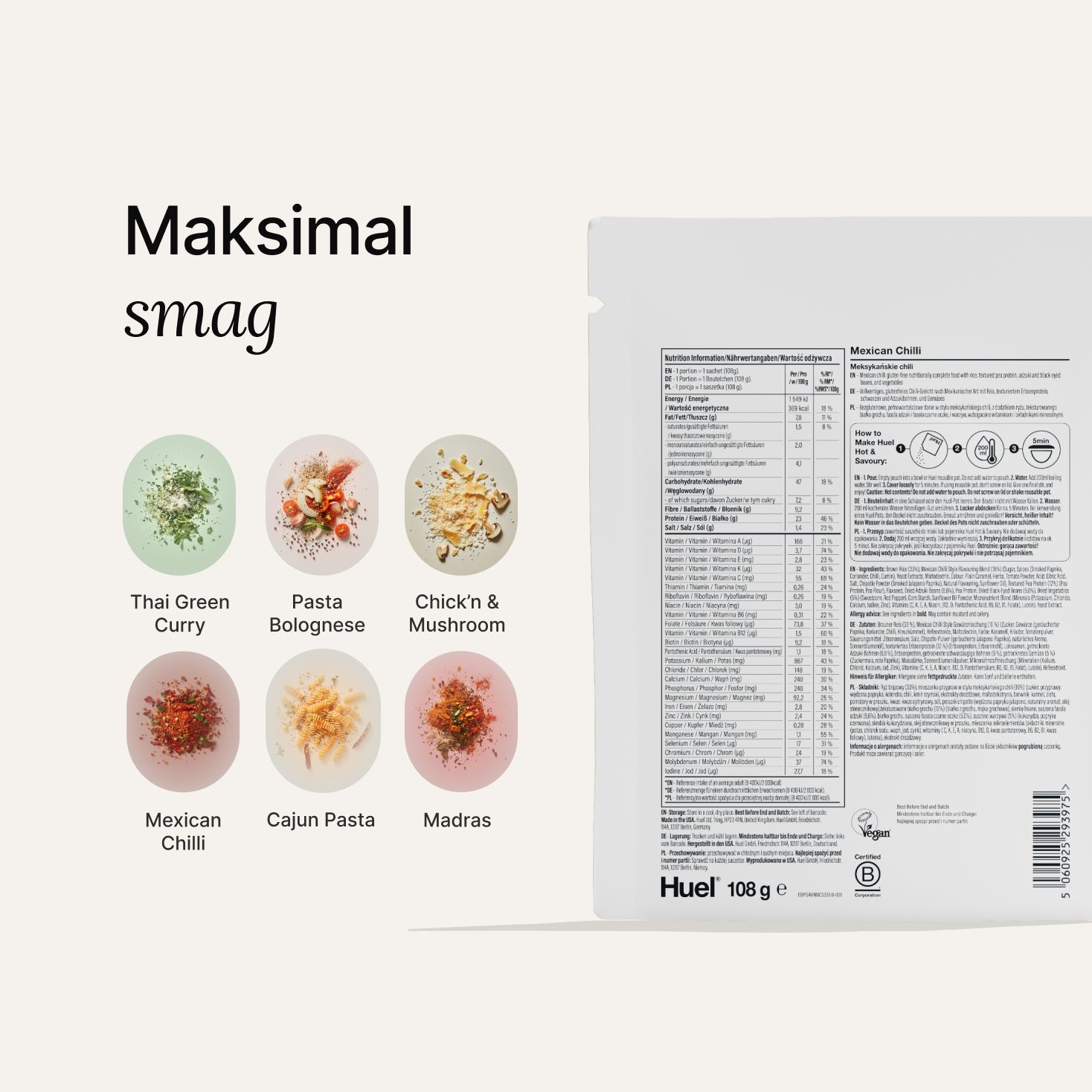 Back of a Huel Hot & Savoury meal pack with nutritional information