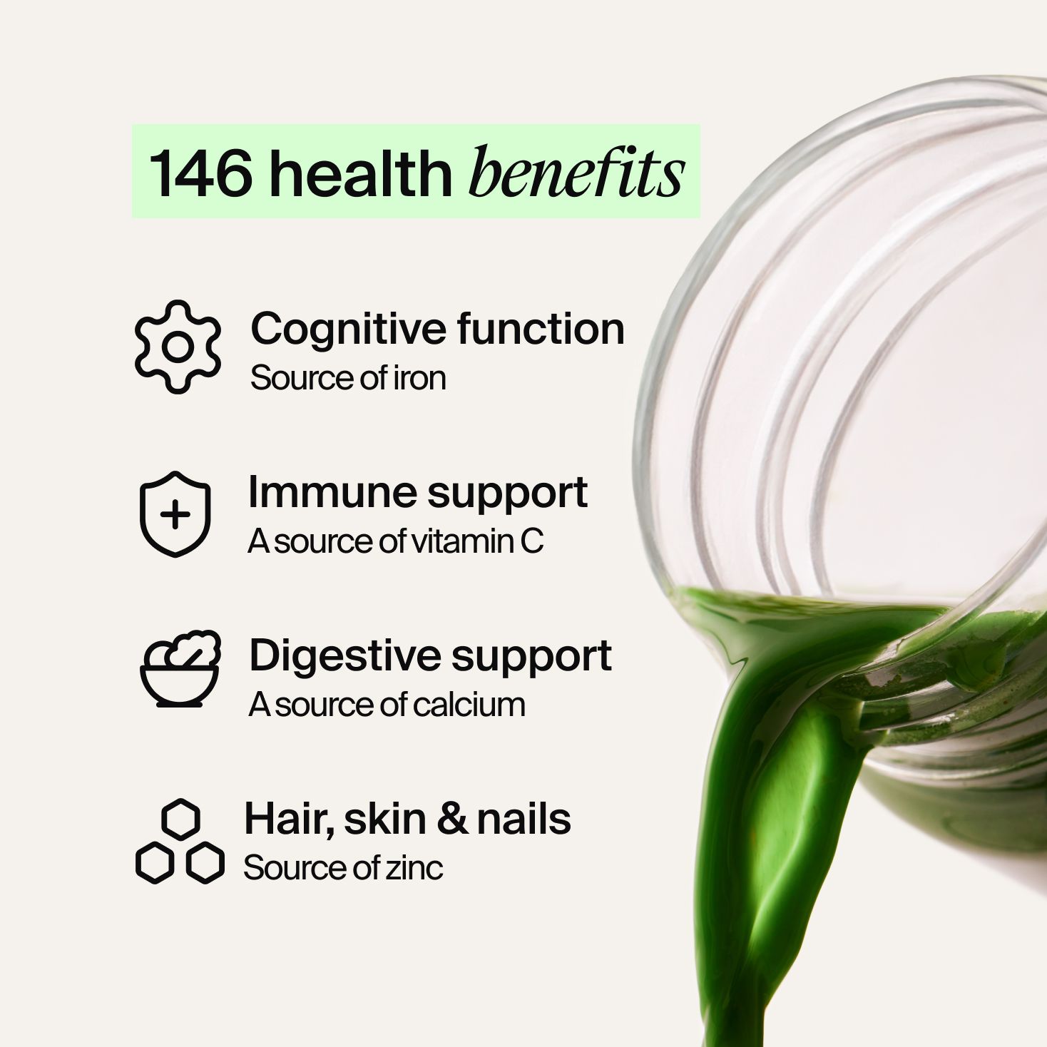 Health benefits like cognitive function, immune support, digestive support, and hair/skin/nails