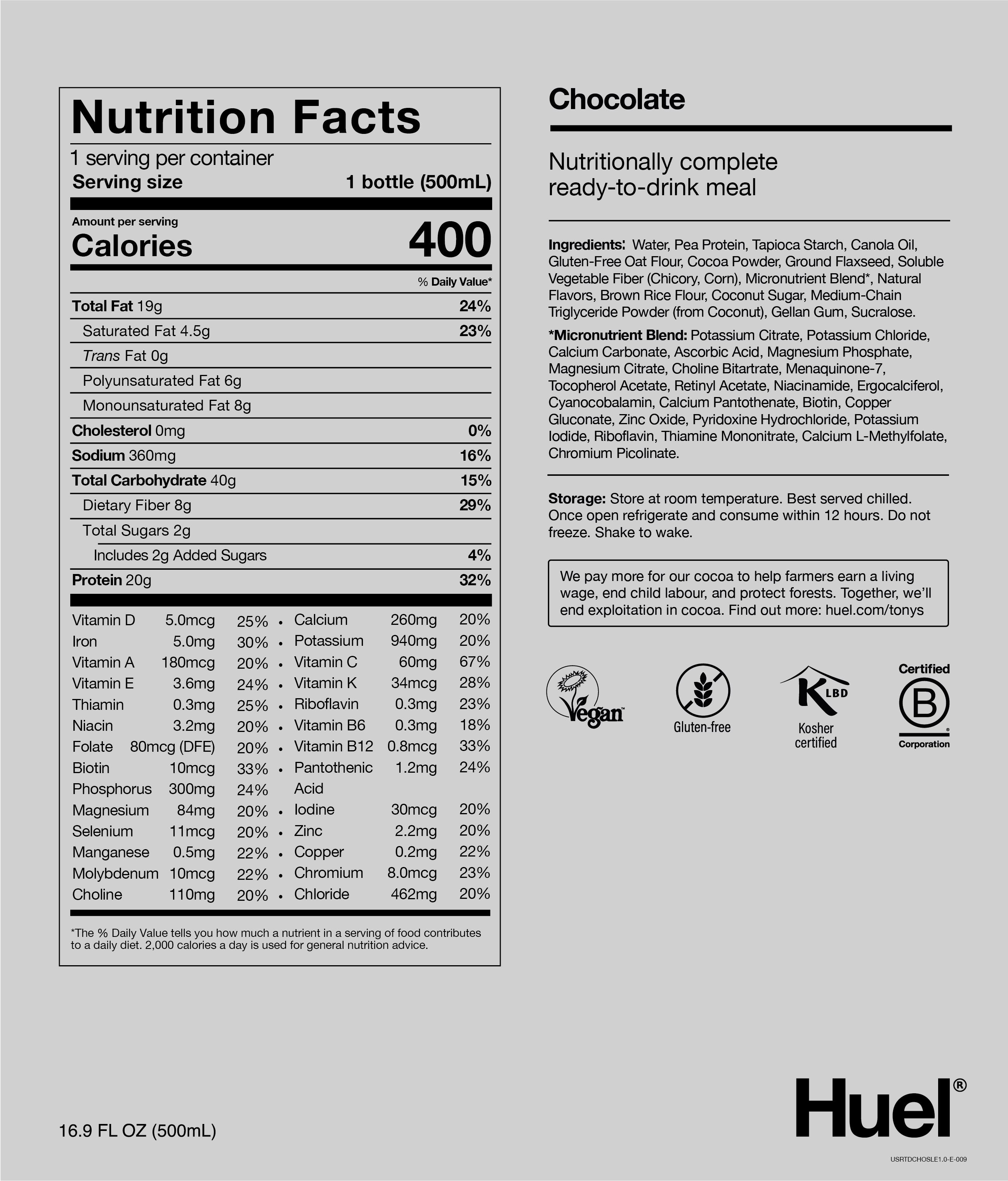 Nutritional label for RTD Chocolate