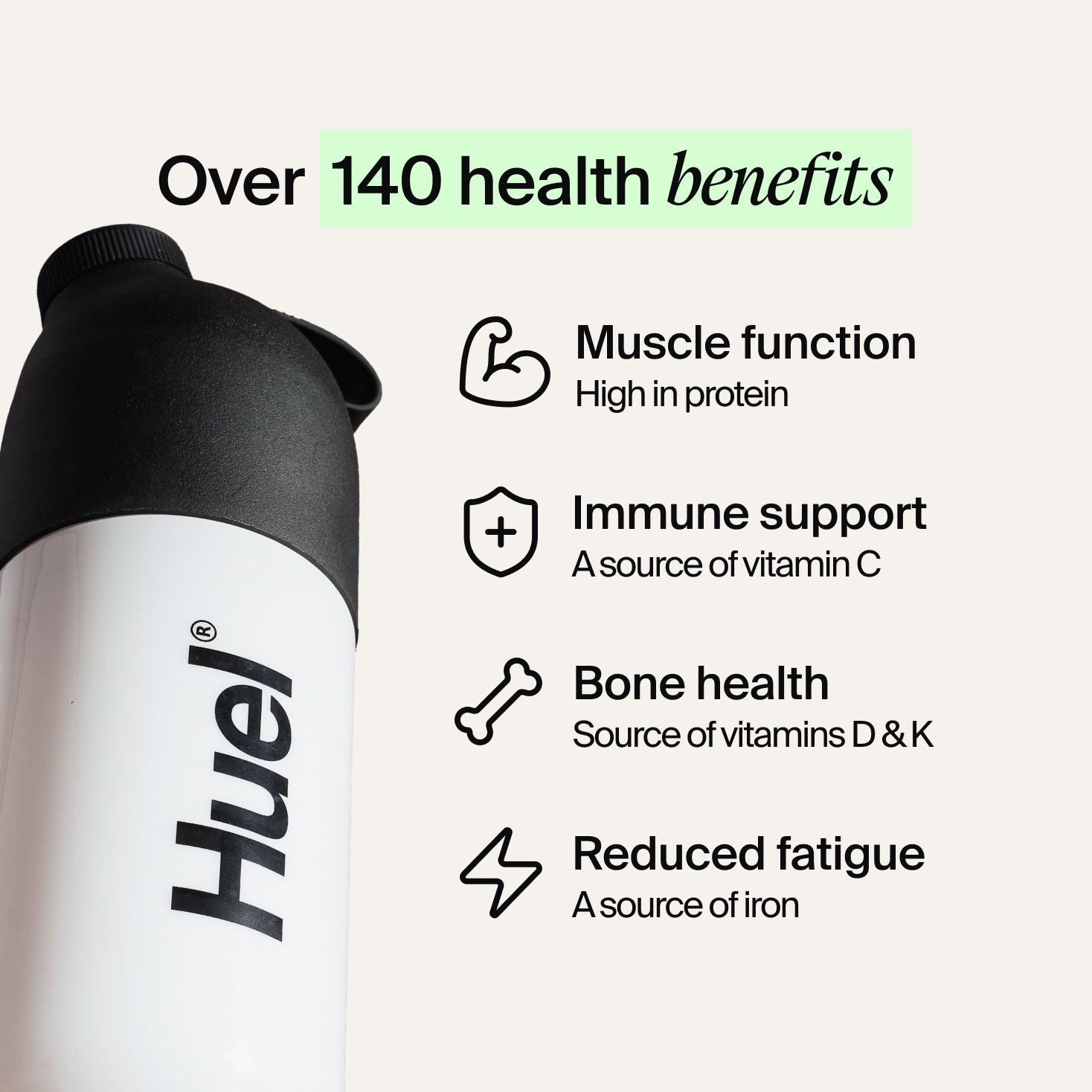 A black and white Huel shaker on a neutral colour background with health benefits in text beside it