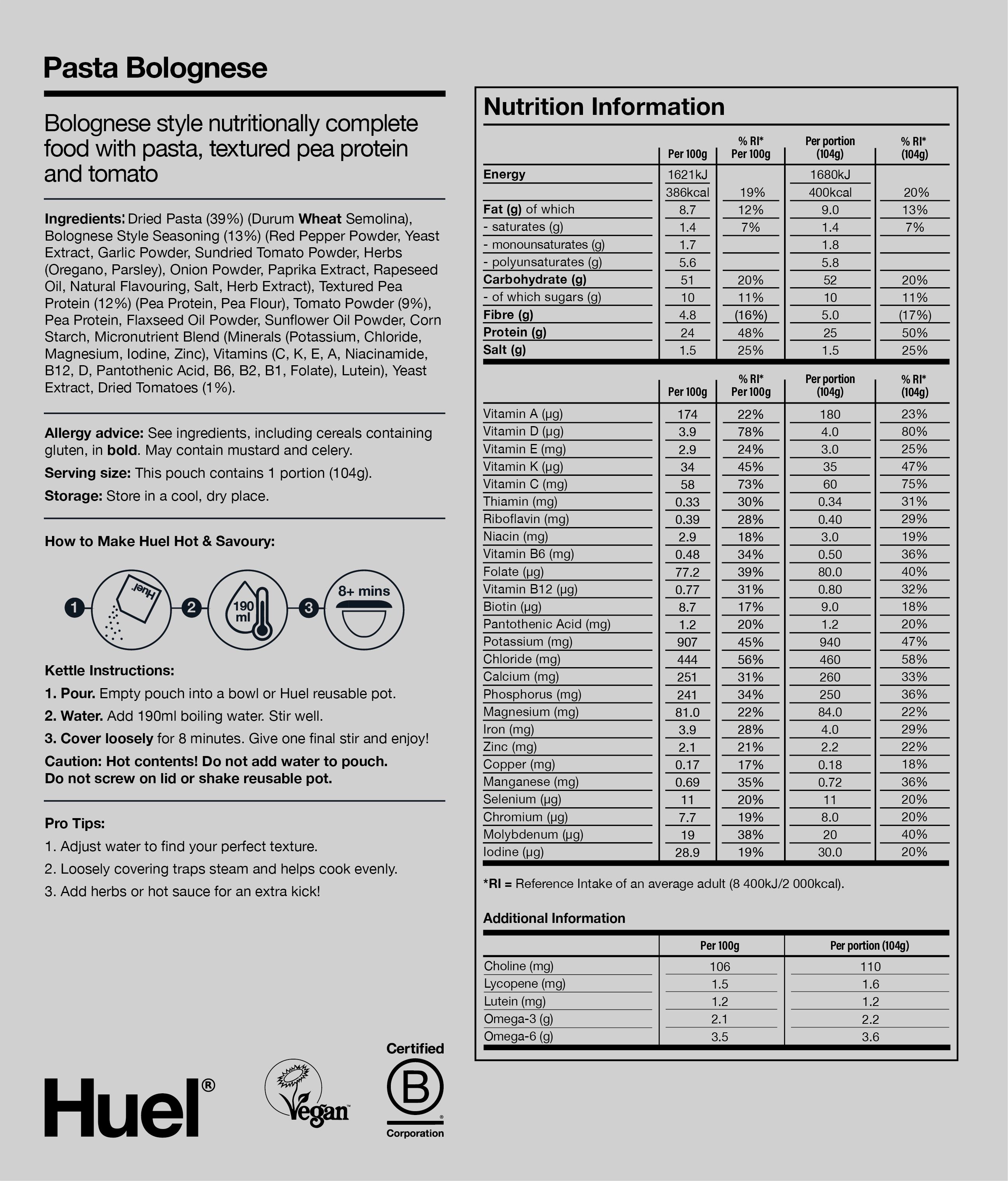 Hot & Savoury Meal Pack BOP Nutritional Information 