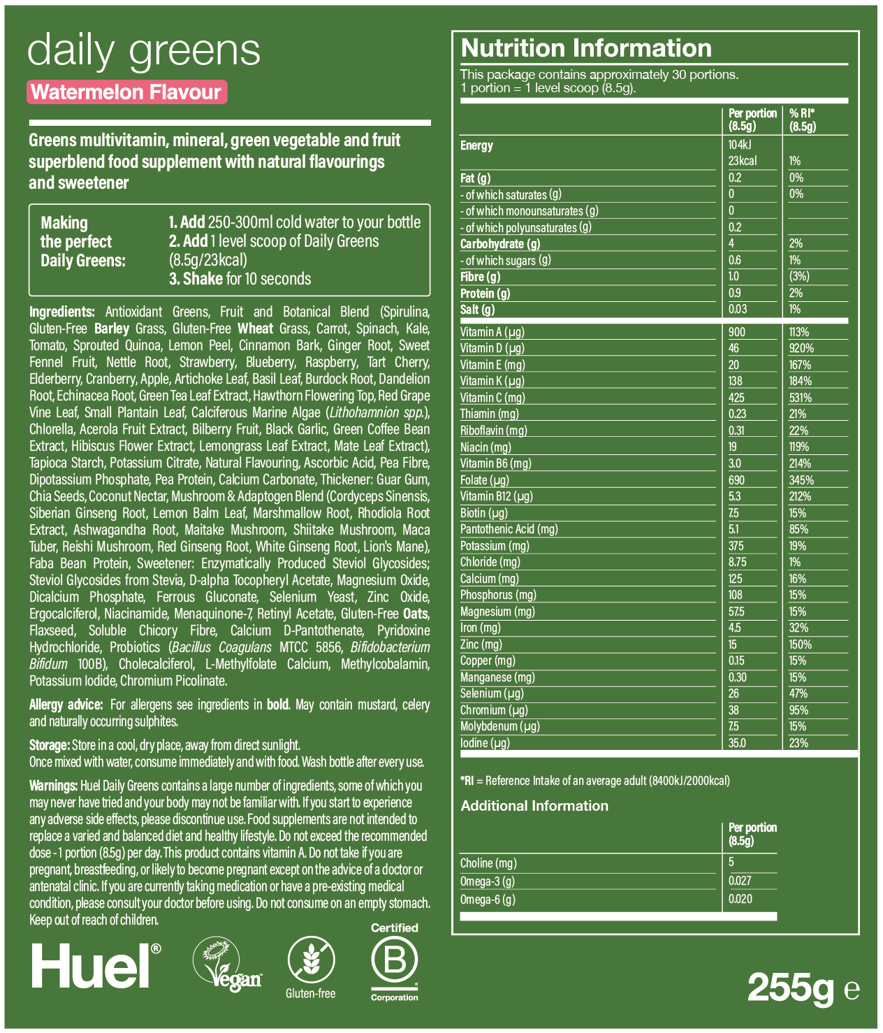 Nutritional label for Daily Greens Watermelon