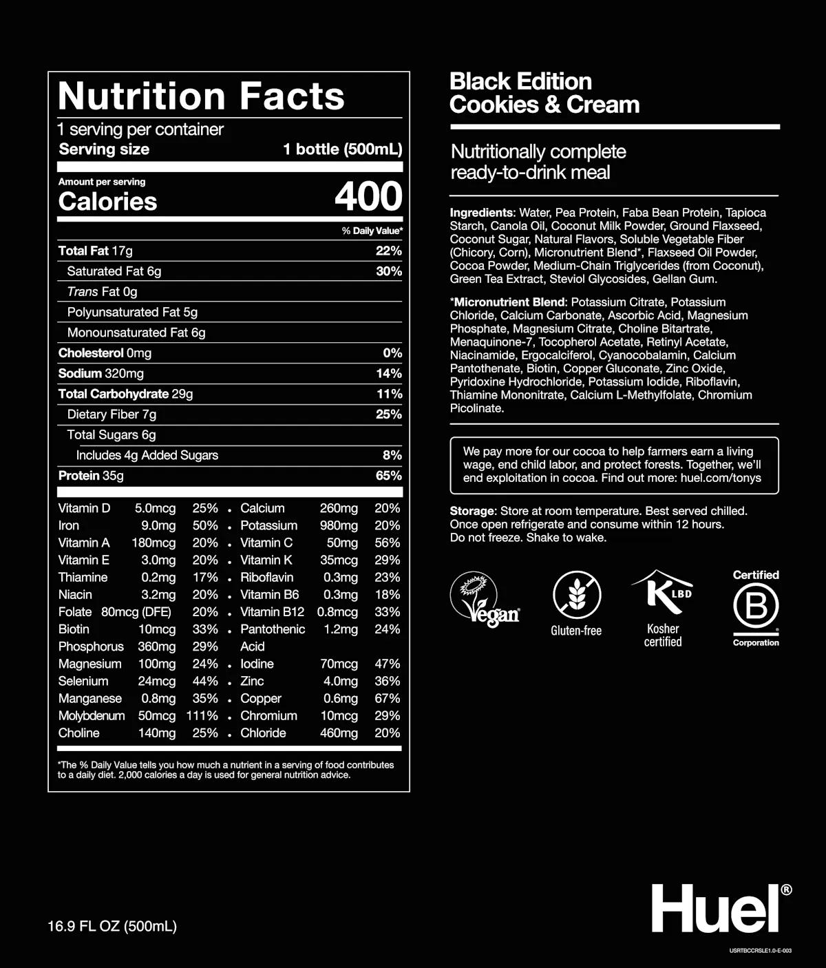 Nutritional information for Huel Black Edition RTD - Cookies & Cream